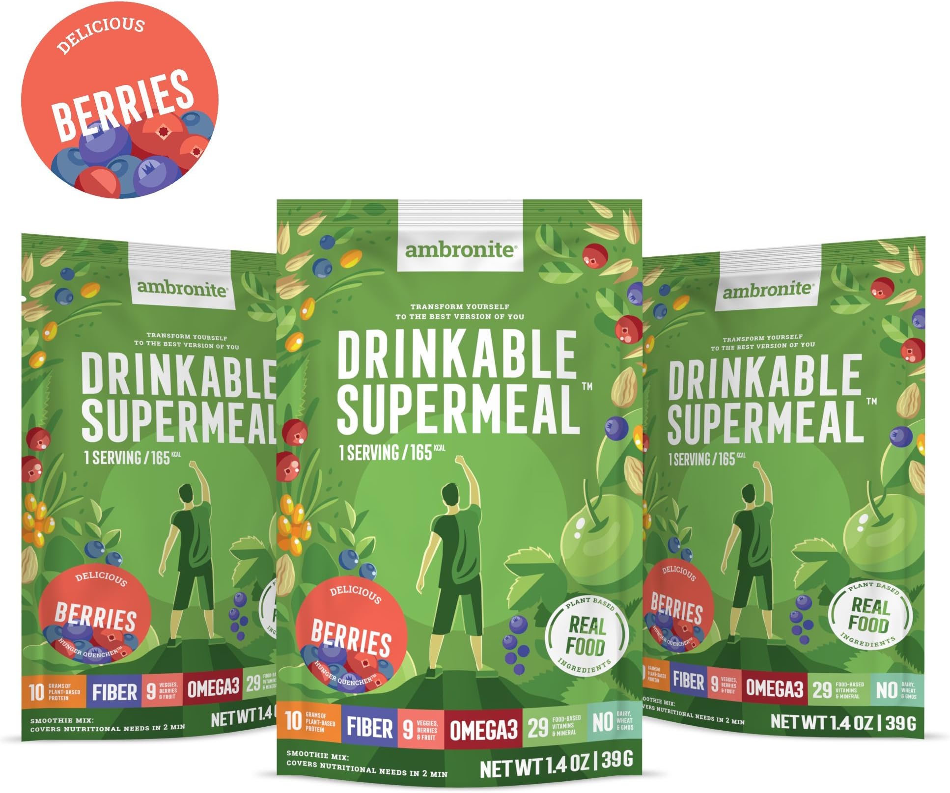 Meal Replacement Nutritional Shake by Ambronite - High Fiber Superfood & Protein Drink for Healthy Weight Loss - All Natural Vegan Smoothie Mix - Quench Hunger - Boost Energy and Focus (Berries, 10 count box)