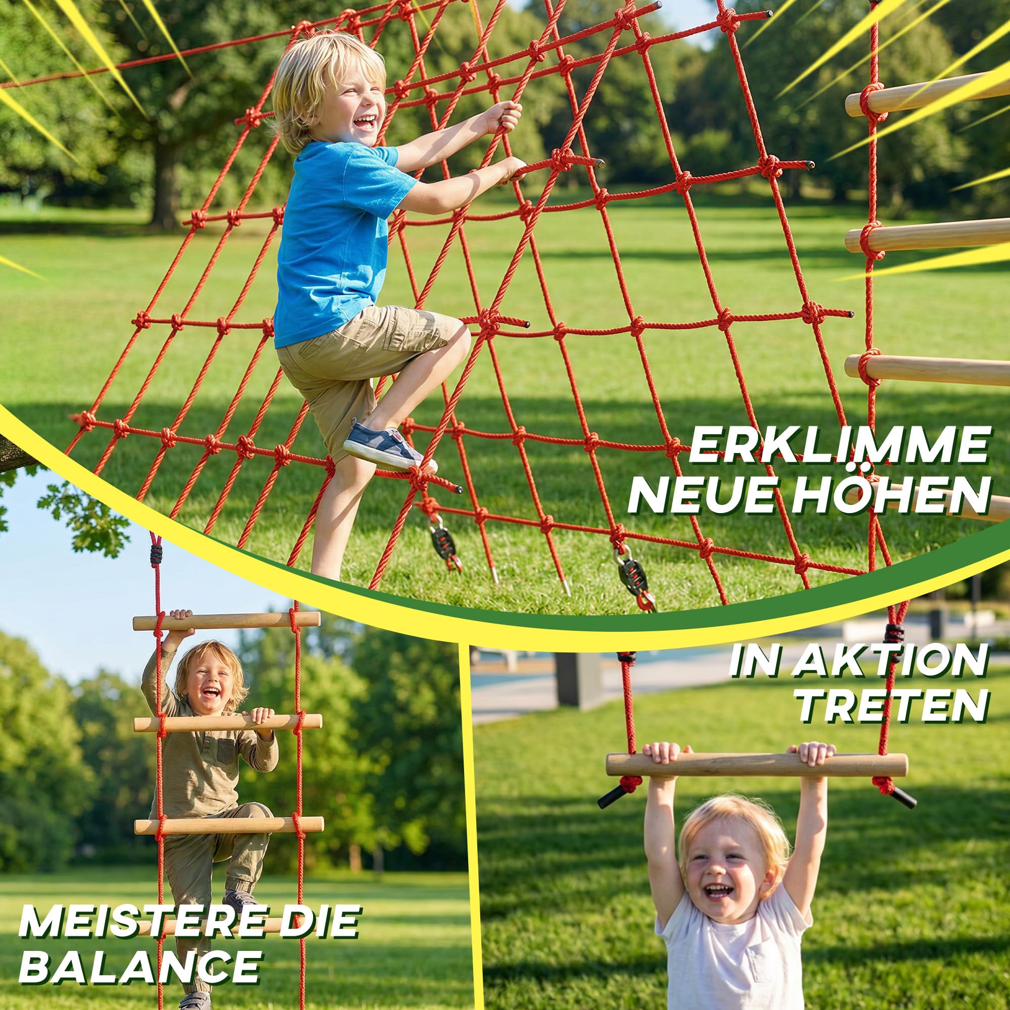 AIYAPLAY Ninja Line Kinder 10m Slackline Set mit Slackline, Turnringe, Schaukel, Kletterleiter, Kletternetz, Kletterseil, Reckstange, Outdoor Spielset Ausrüstung für 3-6 Jahre Kinder Rot