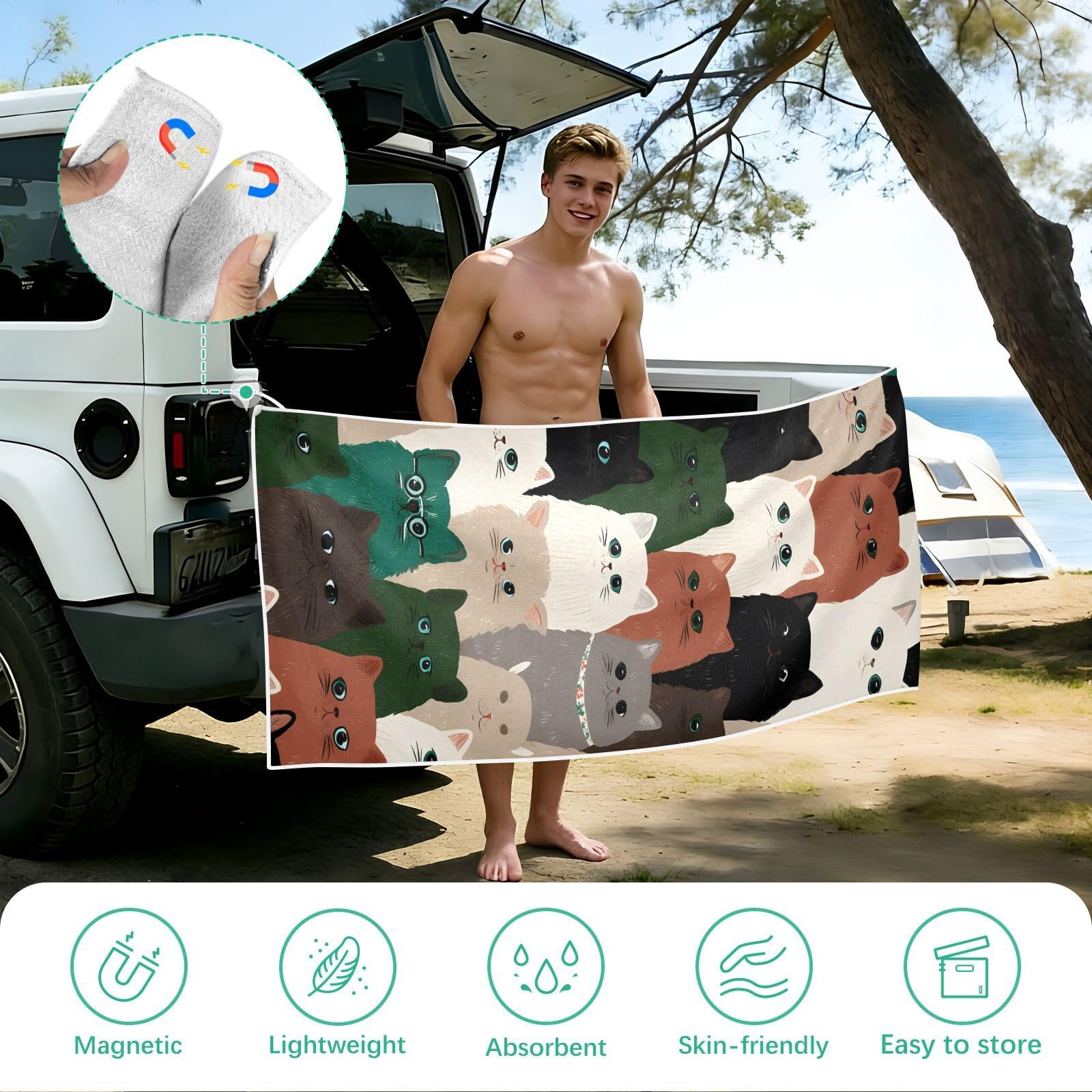 Grandes serviettes de plage avec sacs en maille pour adultes, serviette de bain à motif de chat mignon avec fermeture magnétique, anti-sable, serviette à séchage rapide pour piscine, camping et