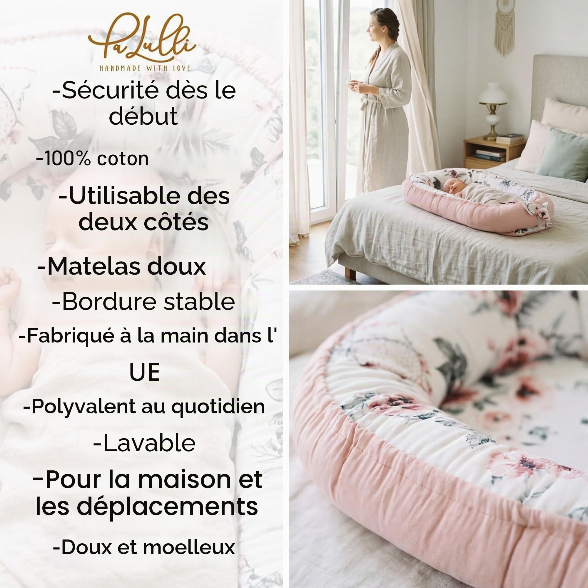 PaLulli Nid douillet 2 faces pour bébé - Lit de voyage, nid d'ange, cocon pour lit de bébé - Pour bébés et nourrissons, 100% coton Oeko TEX (Rêveur Rose)