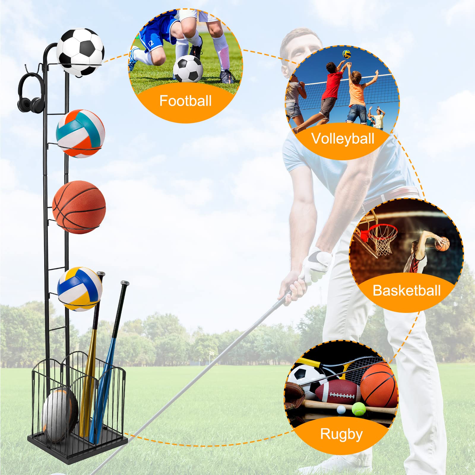 sourcing map Baloncesto Estabte, 5 Nivel Deportes Equipo Almacenamiento Organizador con Cesta y Ganchos Adecuado para Voleibol Fútbol Baloncesto Bádminton, Negro