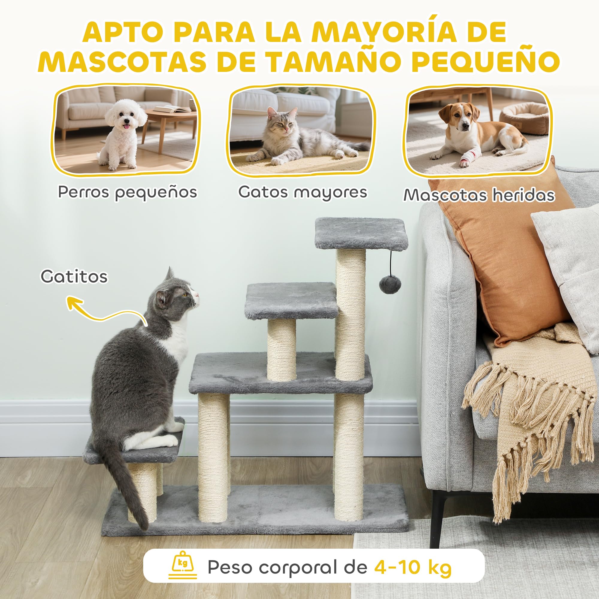PawHut Escalera para Mascotas Ajustable de 3/4 Peldaños, Escalera para Gatos con Postes Rascadores y Bola Colgante, para Alféizares, Sofá y Cama, Gris