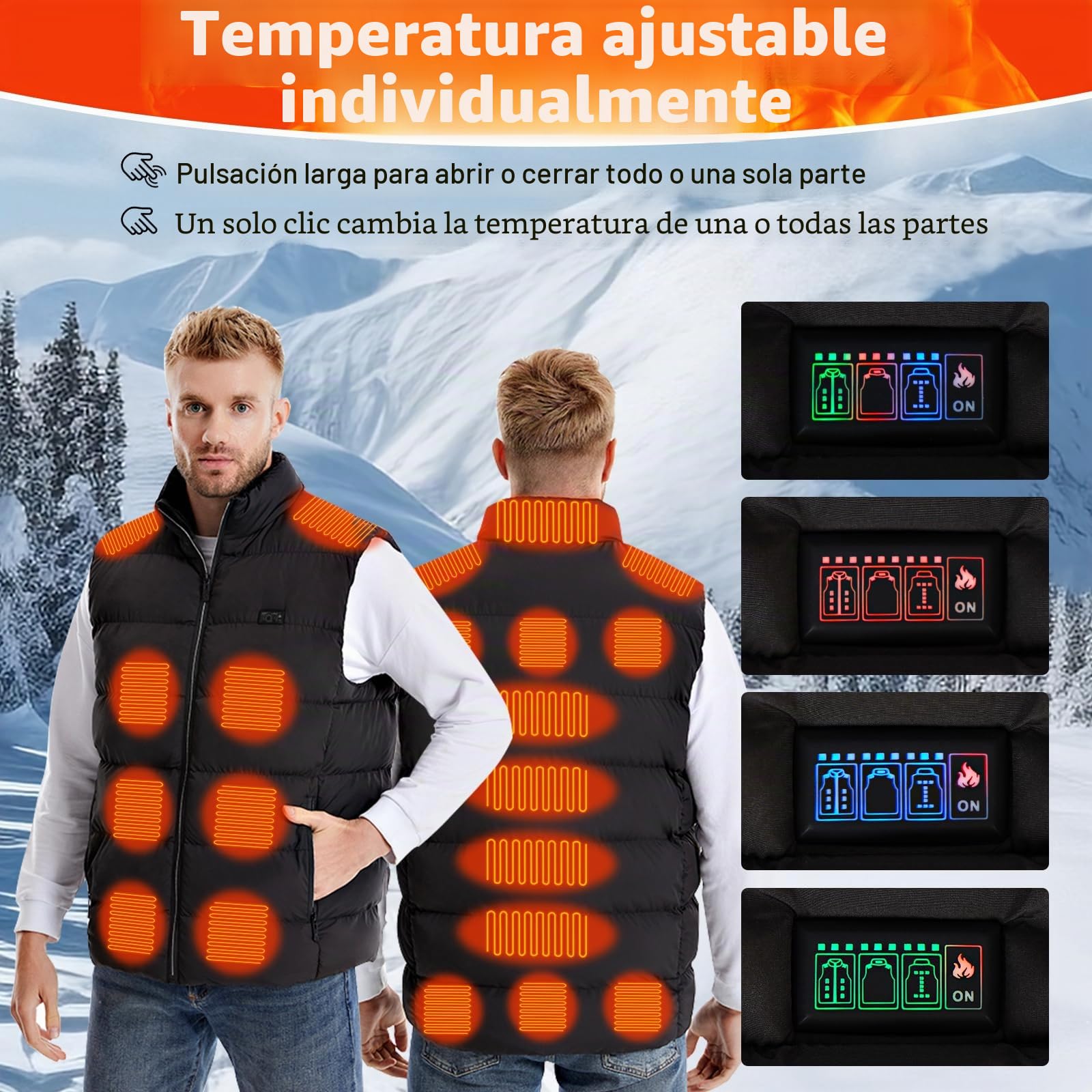 Chaleco Calefactable Unisex Hombre Mujer, Chaleco Calefactable Eléctrico con 3 Temperaturas 21 Zonas de Calefacción Chaqueta Calefactable con Carga USB para Esquí Senderismo y Pesca(Sin Batería)