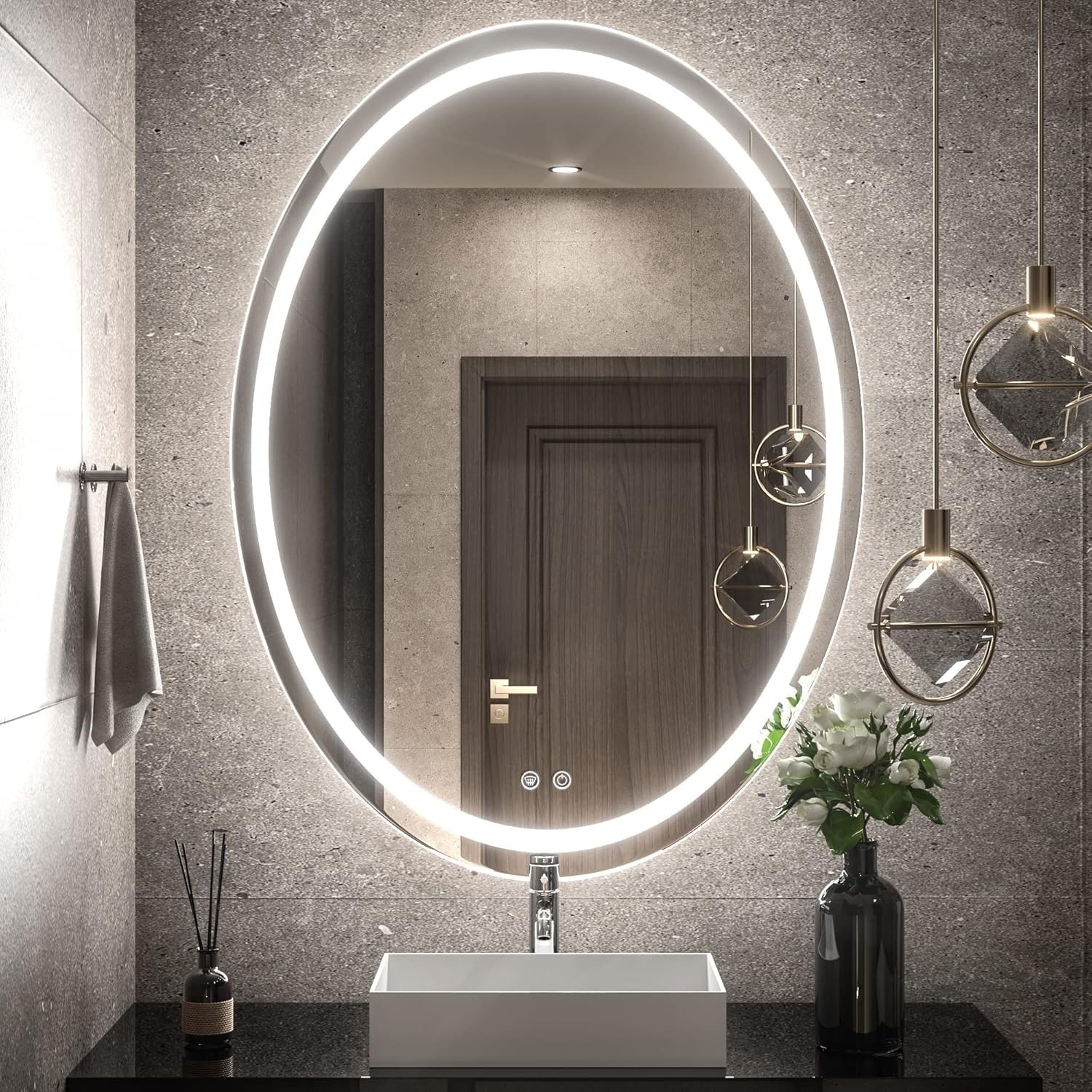FGXHHS 40"x30" with Lights Large Oval Wall for Vanity 28"x20" Frameless Anti-Fog Shatter-Proof 3-Color Dimmable Lights(Frontlit,90x70cm)