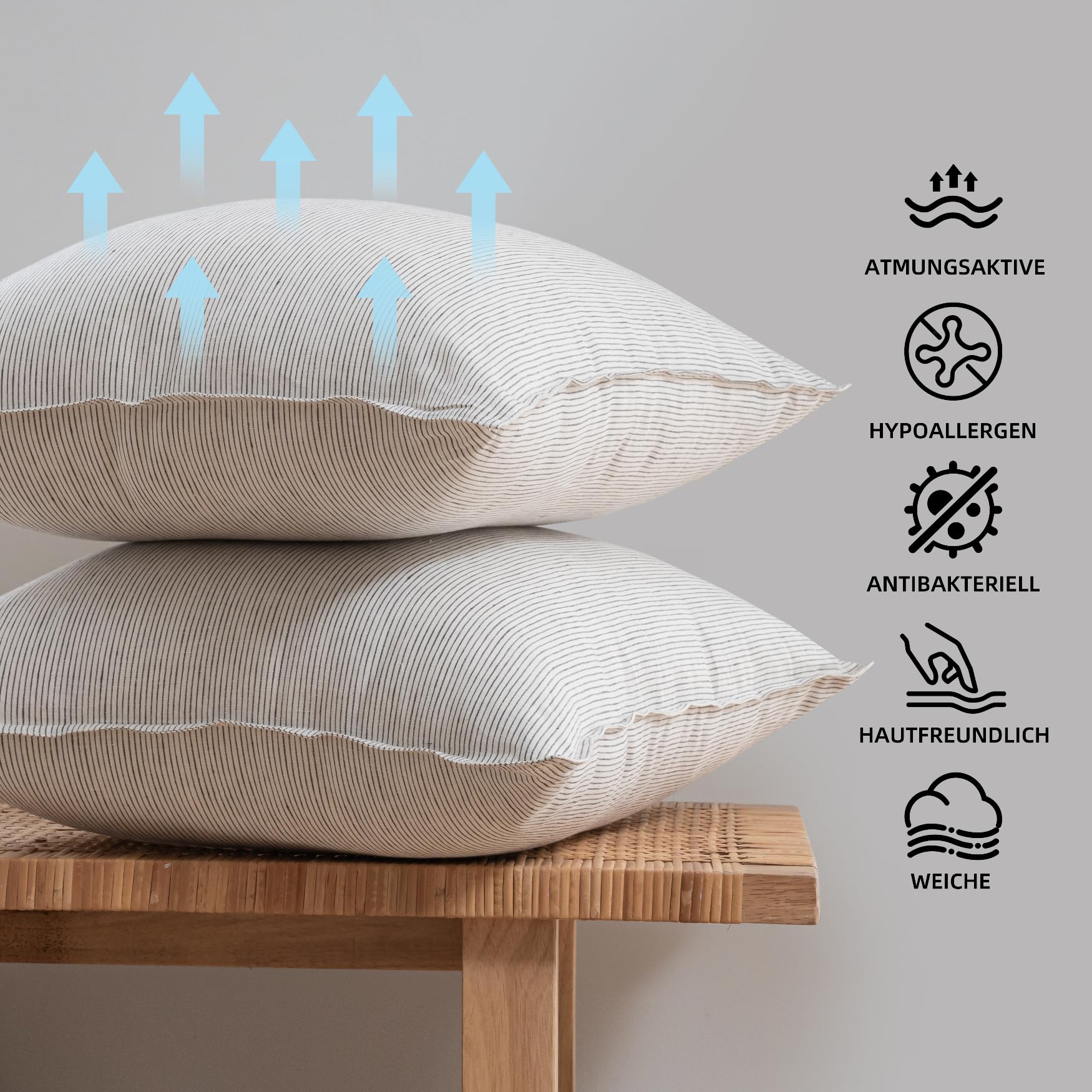 CHUFFED Set di 2 federe 40 x 80 cm, 100% lino slavato, 40 x 80 cm, ipoallergeniche e traspiranti, con chiusura lampo a strisce