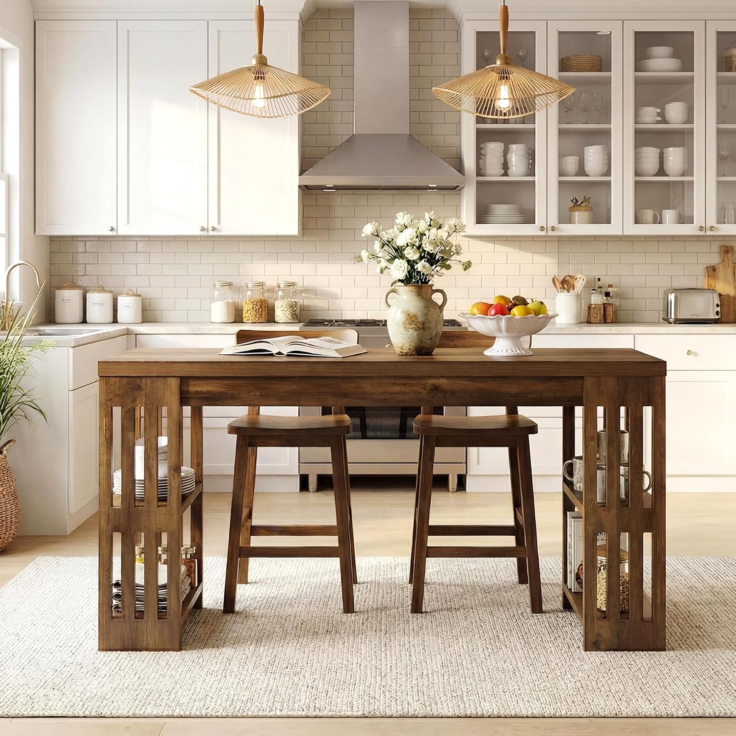 LITTLE TREE Bar Table, 63 Inch Wooden Bistro Table, Large Home Bar Unit with Wine Rack, Pub Table with Storage Shelves for Dining Room, Living Room, Kitchen Room, Brown