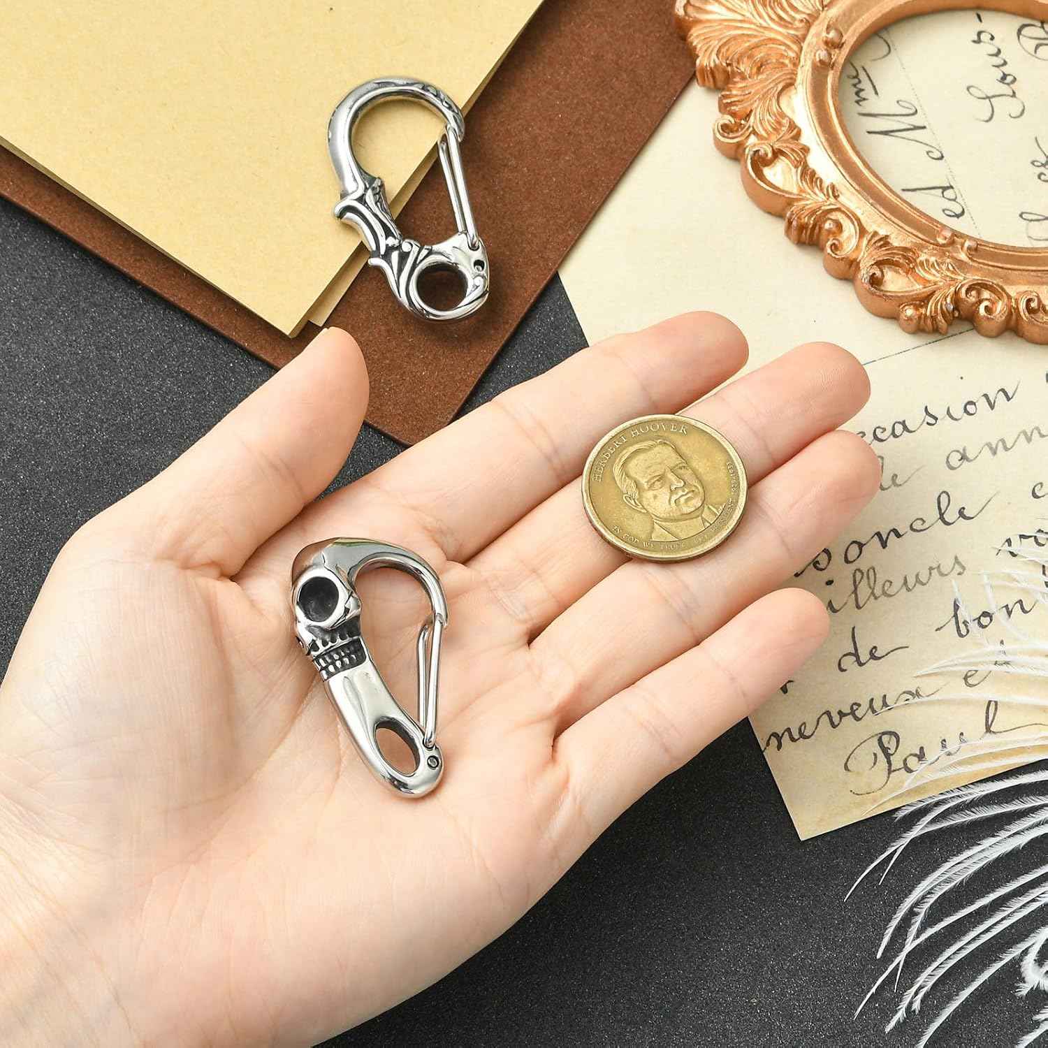 LiQunSweet 2 Pcs 2 Styles Gothic Skeleton Clasps Stainless Steel Key Ring Skull Snap Clasp Keychain Clasps Buckle Skull Key Clasp Push Gate Snap for Men Women