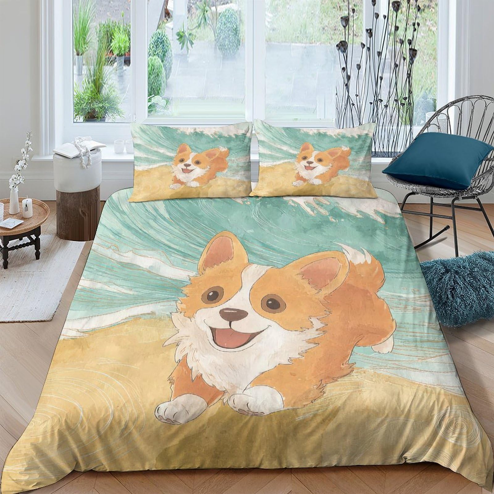 Ctjqhvkz Style-7 3D Printed Corgi Beach Fitted Sheet Microfiber Soft Breathable Dog Art Mattress Cover For Bedroom Dorm Decor Single（135X200cm）