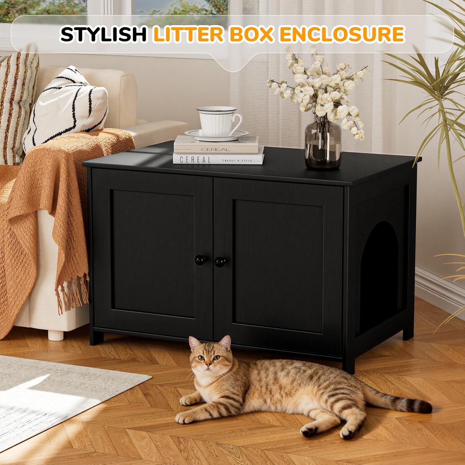 Cat Litter Box Enclosure Furniture Dog Proof, Hidden Kitty Washroom Cabinet Low Entry, Wooden Cat Boxes Enclosure Odor Control for Home, Farmhouse Style Decorative TV Stand with Storage, Black