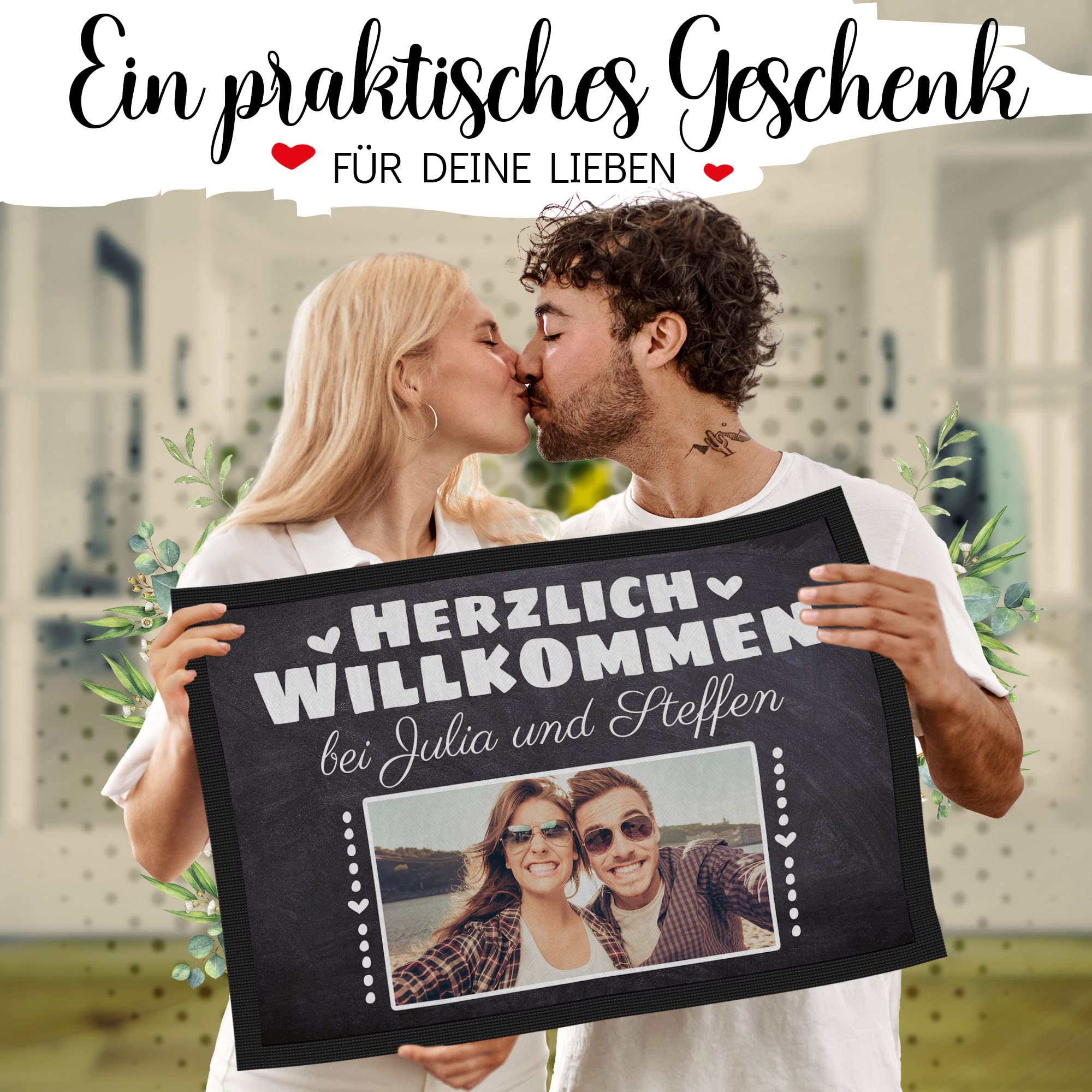Print Royal Personalisierte Fußmatte mit Namen & Bild - Herzlich Willkommen - Geschenke zum Einzug | rutschfest, 120x80cm mit Gummirand