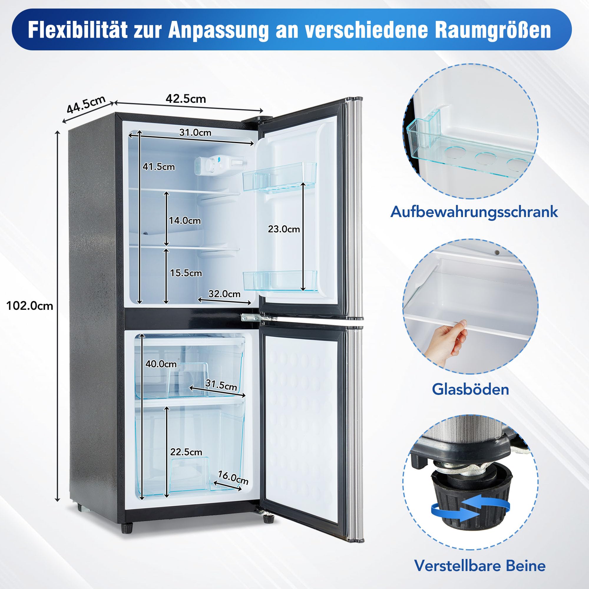 Gegtuon Frigorifero 106L, Frigo con Illuminazione a LED e Divisorio per Ripiani, Professional Frigo Bar Refrigerata con Congelatori e Porta Verstellbare per Cucina Ufficio, Classe E, 220-240V, Argento