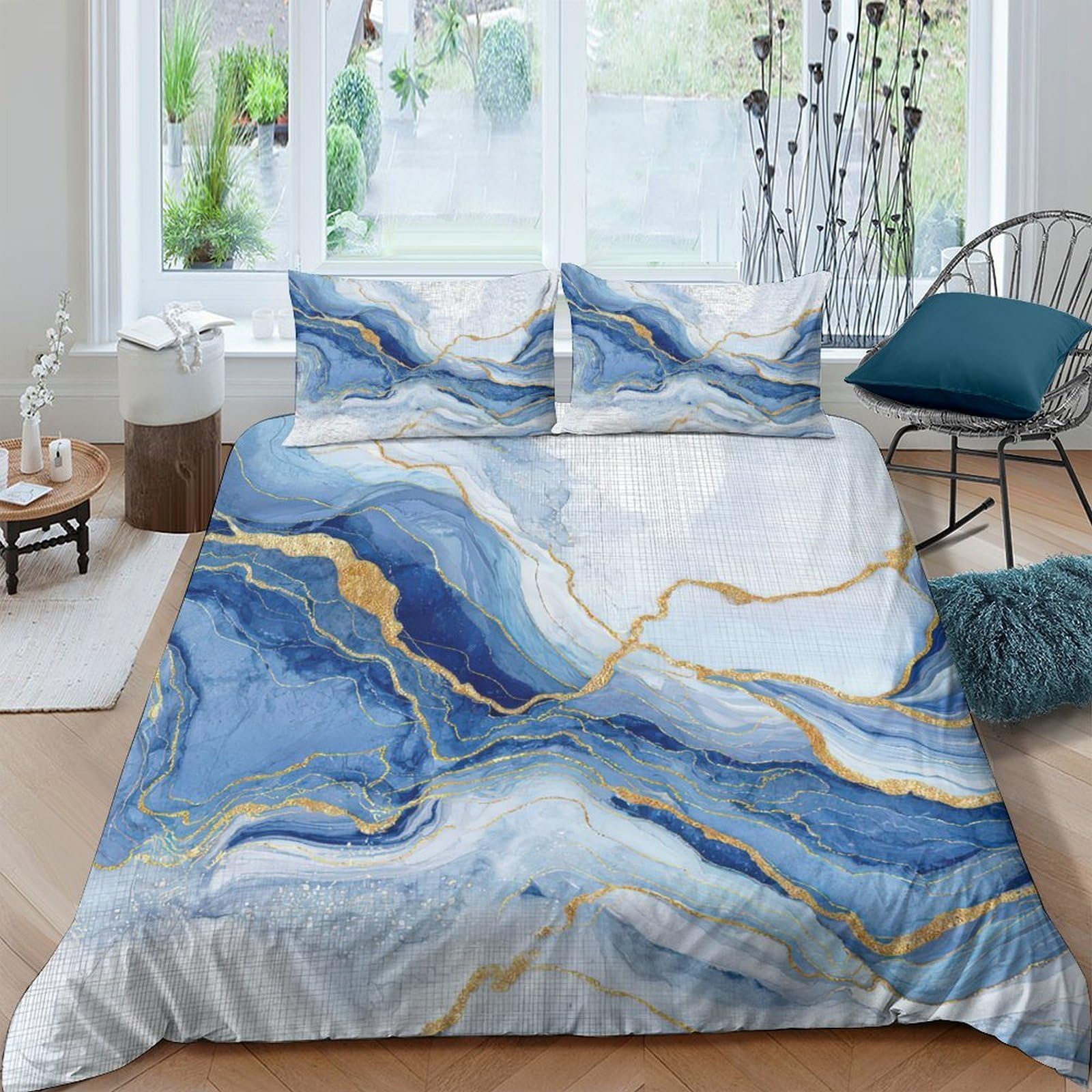 GPLZQXKJNH 3D Printed Blue Marble Duvet Cover Microfiber Soft Breathable Gold Vein Bedding Set with 2 Pillowcases for Bedroom Home Decor Single（135x200cm）