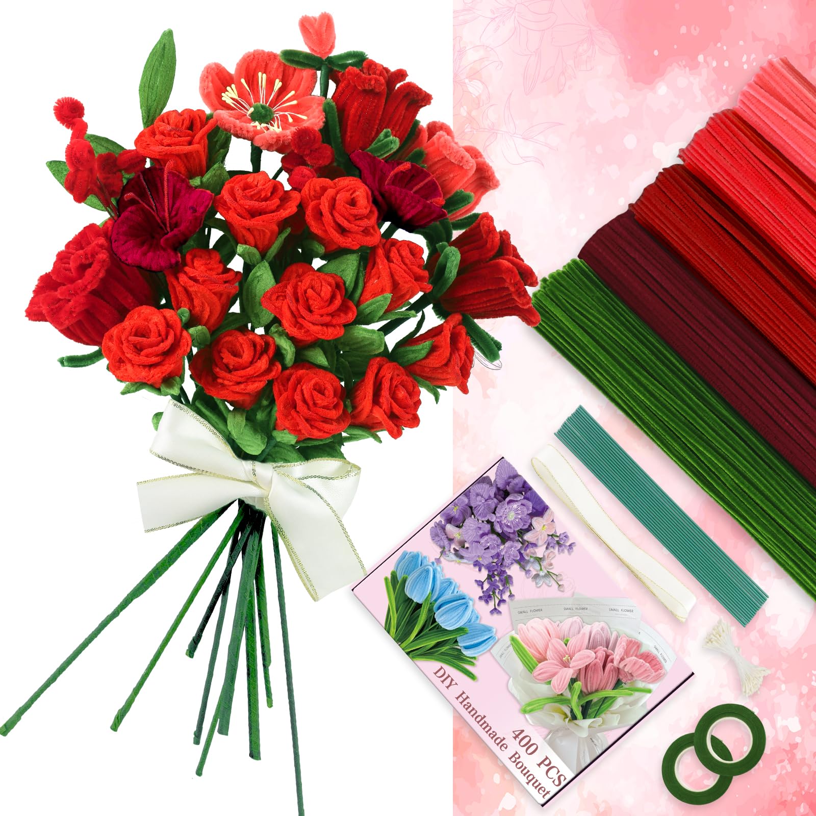 GENHH 400 Stück Pfeifenputzer, Pfeifenreiniger Blumen Bastelset, Rot Pipe Cleaner Basteln 5 Farben Chenilledraht für DIY-Blumensträuße Blumenstrauß Papier Deko Kreativset Handwerk Dekorieren