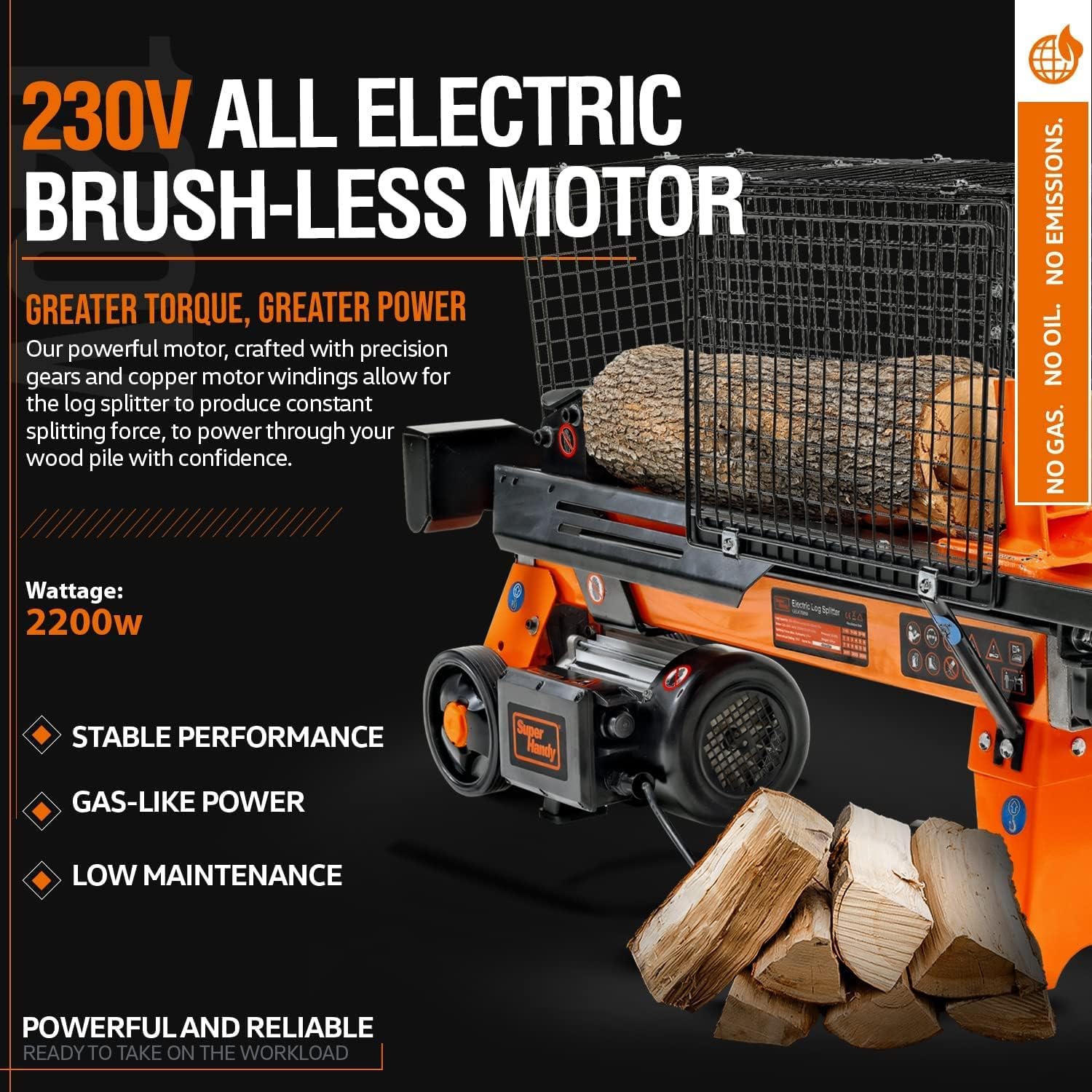 SuperHandy Fendeuse de bûches électrique Portable 6 tonnes Système Ram 1-3/4eHP 15Amp 1500Watt Moteur Horizontal à Faisceau Complet avec cale en Acier pour fendre Le Bois de feu Foresterie