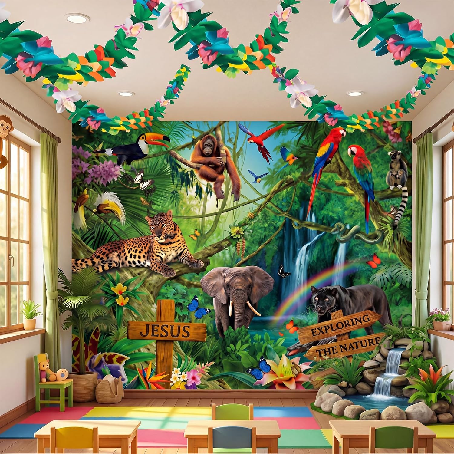 Tegeme 3 Pcs Vbs 2026 Decorations 7x6 ft Rainforest Falls Backdrop with 2 Pcak 9.8 ft Garland Set Tropical Bible Theme for Sunday School Photo Props Banner Hawaiian Jungle Party Supplies