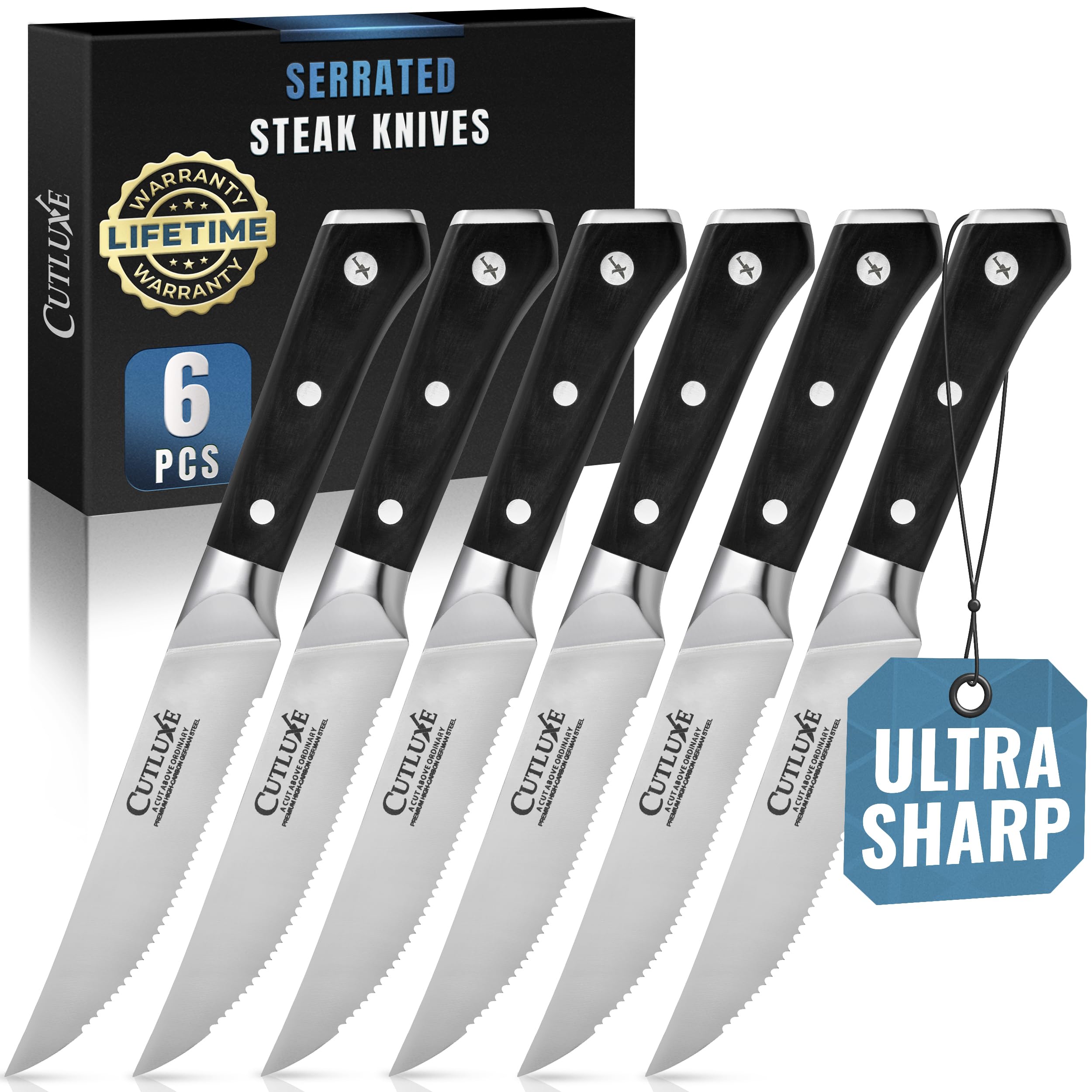 CutluxeSteak Knives Set of 6, Serrated Steak Knives – Forged High Carbon German Steel, Full Tang, Ergonomic Handle Design – Artisan SeriesClimatePartner certified