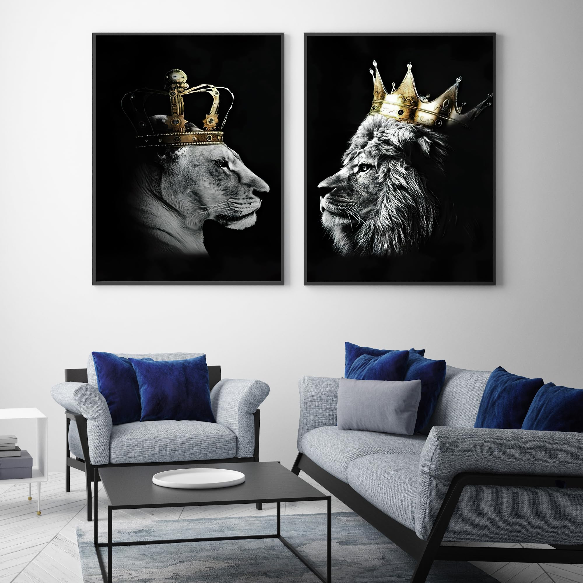 IUNTWEIE León y leona con corona, imágenes de lienzo en blanco y negro, póster de animales, decoración de arte animal salvaje, impresiones para sala de estar, sin marco (león -1, 2x50x70)