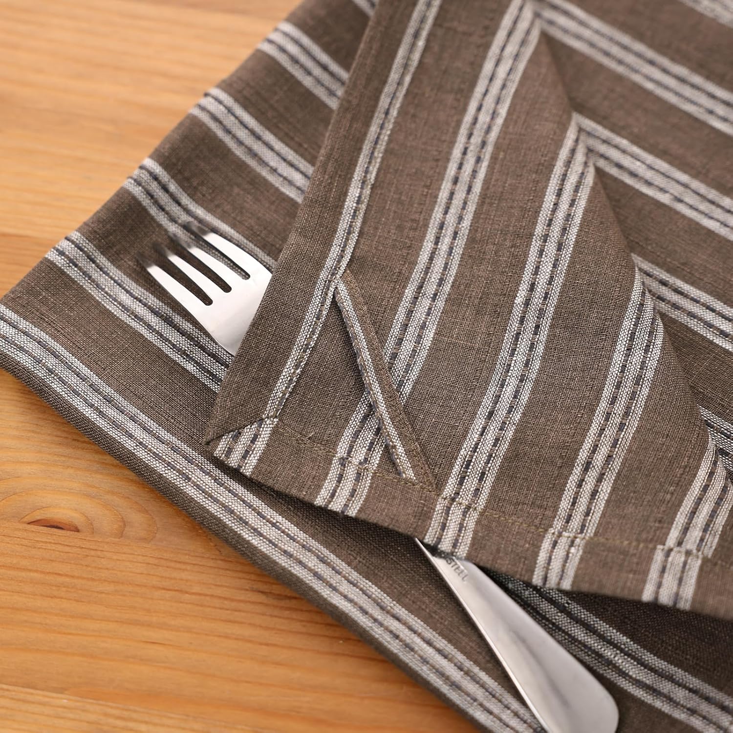 Linen Striped Cloth Napkins 20 x 20 Inch - 100% Natural Linen Dinner Napkins Set of 4 Reusable and Washable for Everyday Dining Decor Holiday,Coffee Ash White