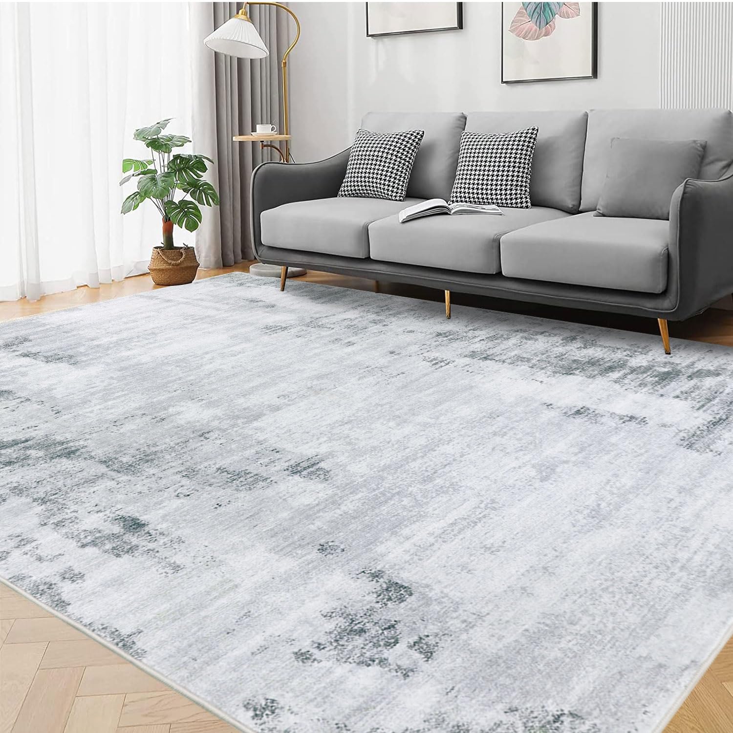 Famibay Washable Area Rug - Modern Neutral 6x9 Abstract Wool Carpet with Rubber Back for Living Room, Bedroom & Dining (Grey)