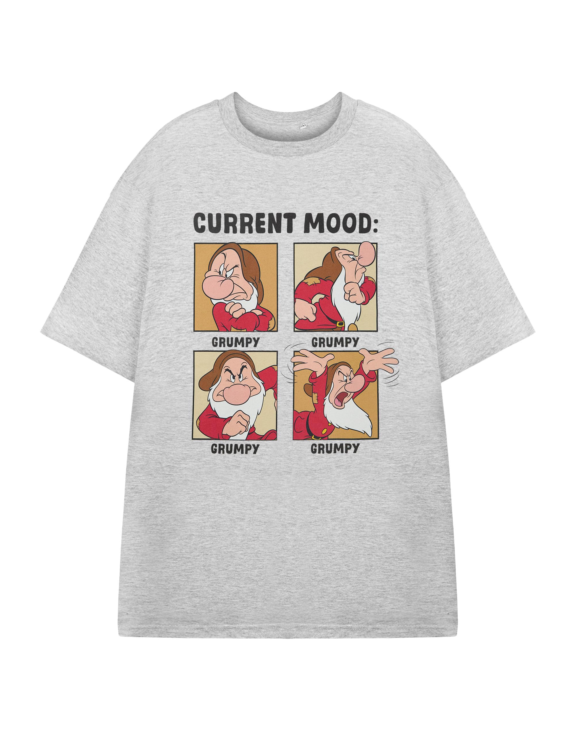 Disney Snow White Men's Grey Short-Sleeved T-Shirt | Seven Dwarfs Current Mood Grumpy Graphic Tee Character Movie Retro Apparel Top | Snow White & Friends Merchandise Gift