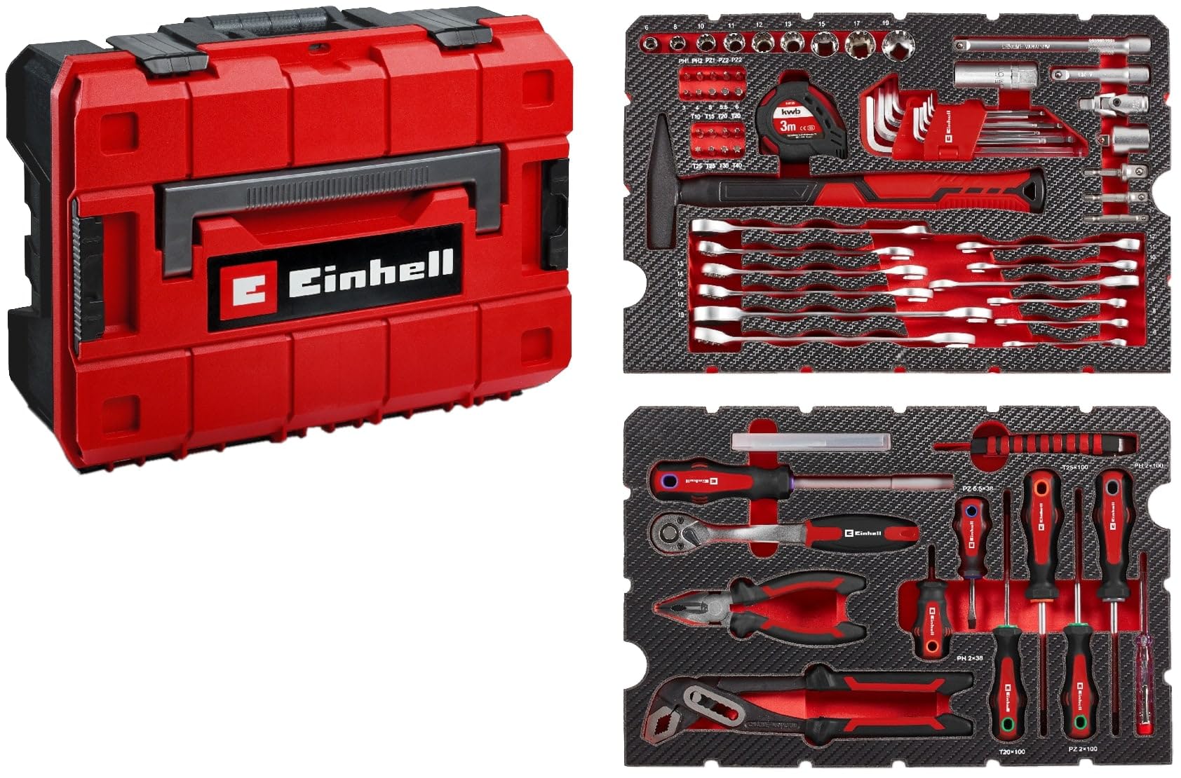 Einhell E-CASE original de 80 piezas: Juego de herramientas de en maletín de plástico apilable, ideal para hogar y taller