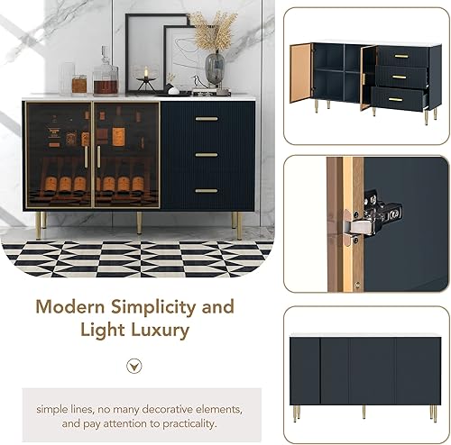 Miniatura 5 de P PURLOVE Aparador de madera de 58 pulgadas de largo con estantes, patas de metal y asas para muebles de cocina y comedor