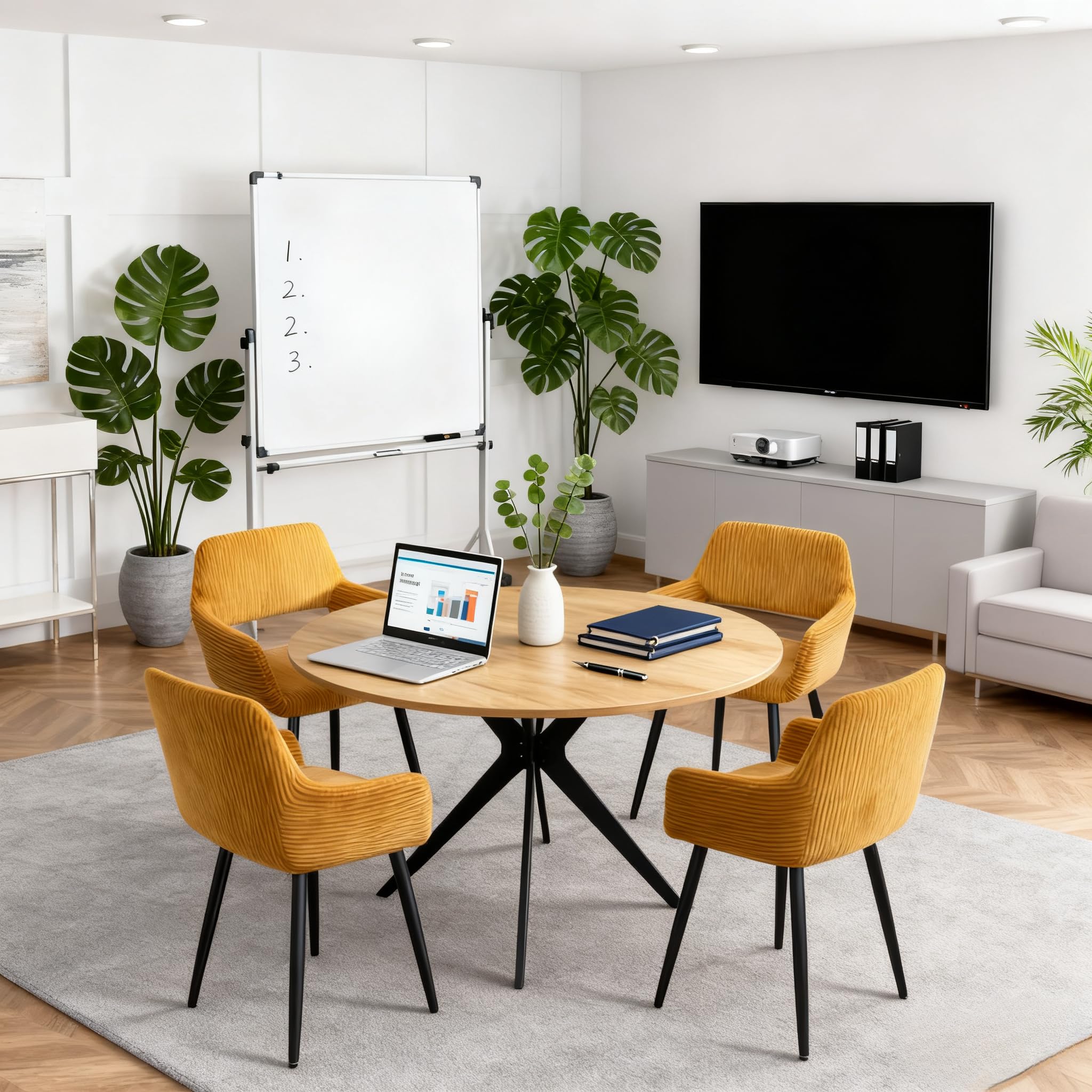 Tavolo da conferenza rotondo in rovere e nero, robusto, in legno e metallo, design compatto e professionale, ideale per riunioni di squadra in ufficio e progetti 100 x 100 x 75 cm
