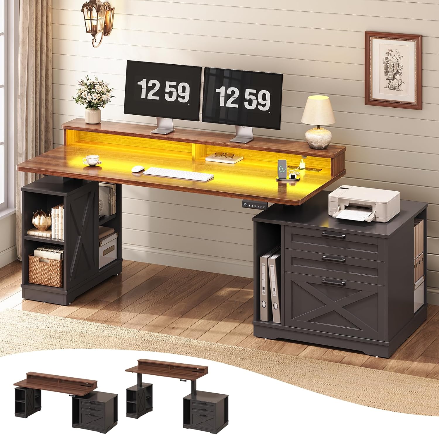 SEDETA Farmhouse Electric Standing Desk, 55" Height Adjustable Computer Desk with 3 Drawers, File Cabinet, Storage Shelves, Power Outlets, Wood Home Office Desk for Work, Study, Writing, Black