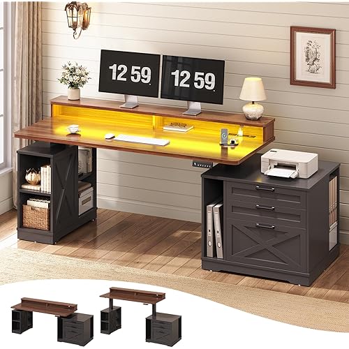 SEDETA Farmhouse Electric Standing Desk, 55" Height Adjustable Computer Desk with 3 Drawers, File Cabinet, Storage Shelves, Power Outlets, Wood Home Office Desk for Work, Study, Writing, Black