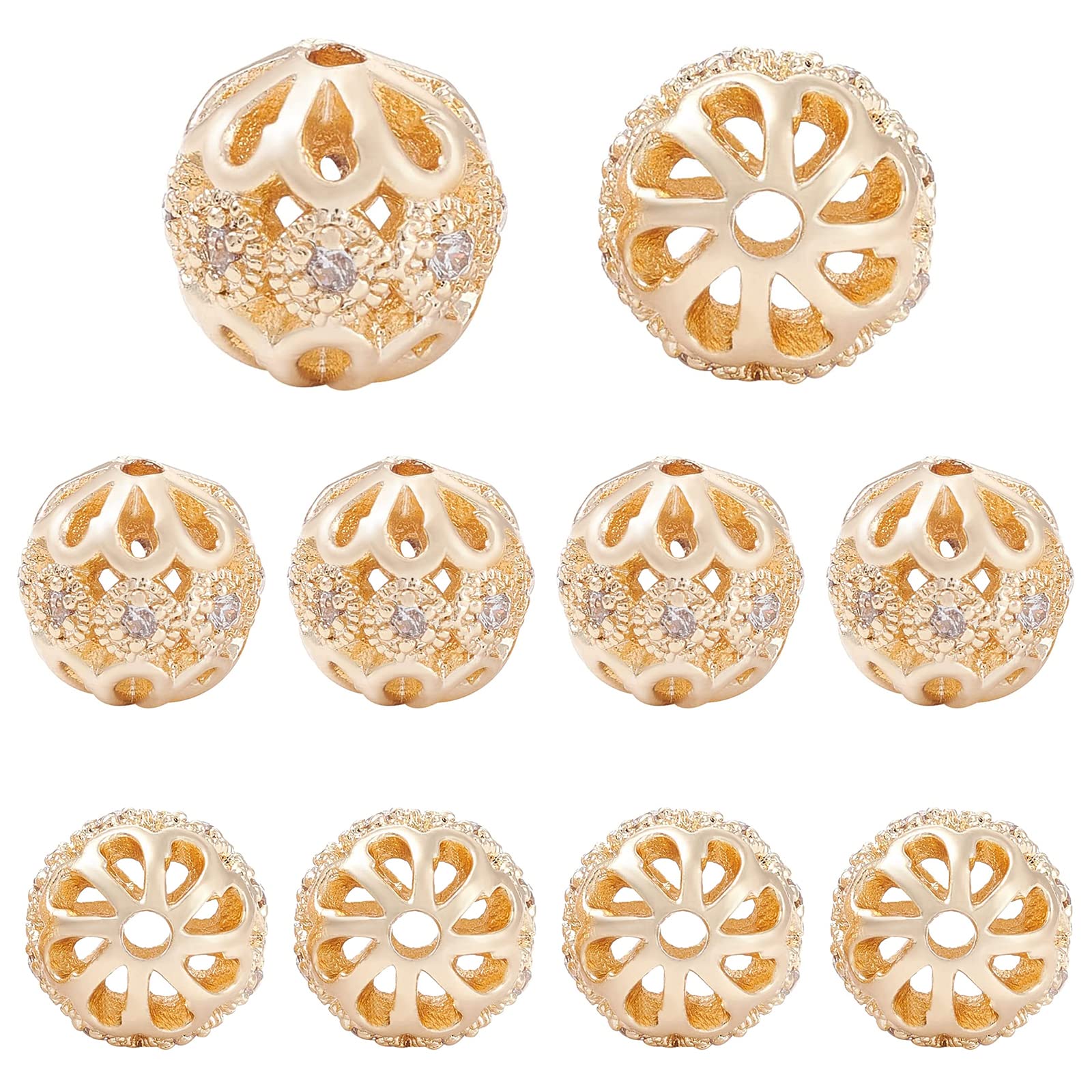 BENECREAT 10Pcs 14K Gold Plated Brass Micro Pave Clear Cubic Zirconia Beads, Round with Flower Brass Zirconia Beads for Jewelry Making