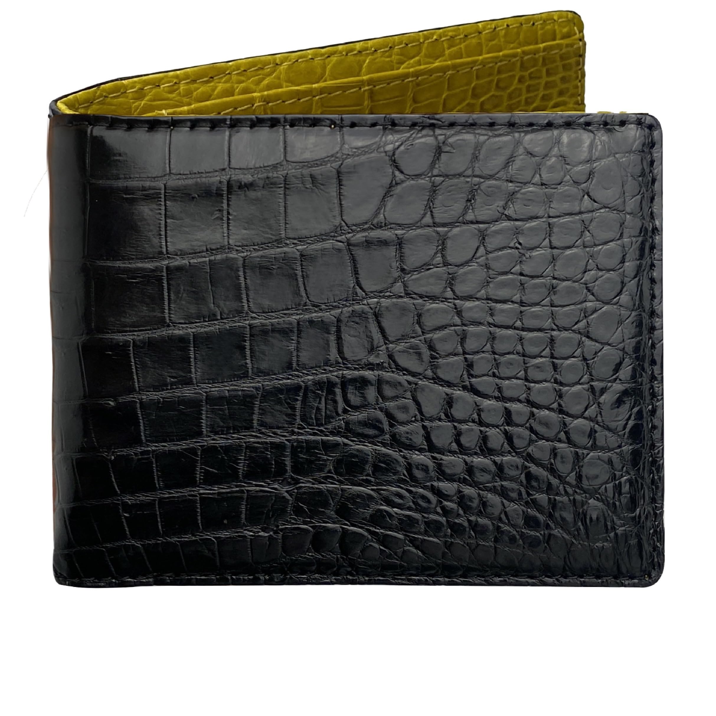 HATA Black Yellow Bifold Leather Wallet for Men, Exotic Double-Sided Leather Wallet with RFID Blocking &amp; ID Window Credit Card Holder, Handmade Gift for Birthday, Anniversary, Father’s Day VILE-219