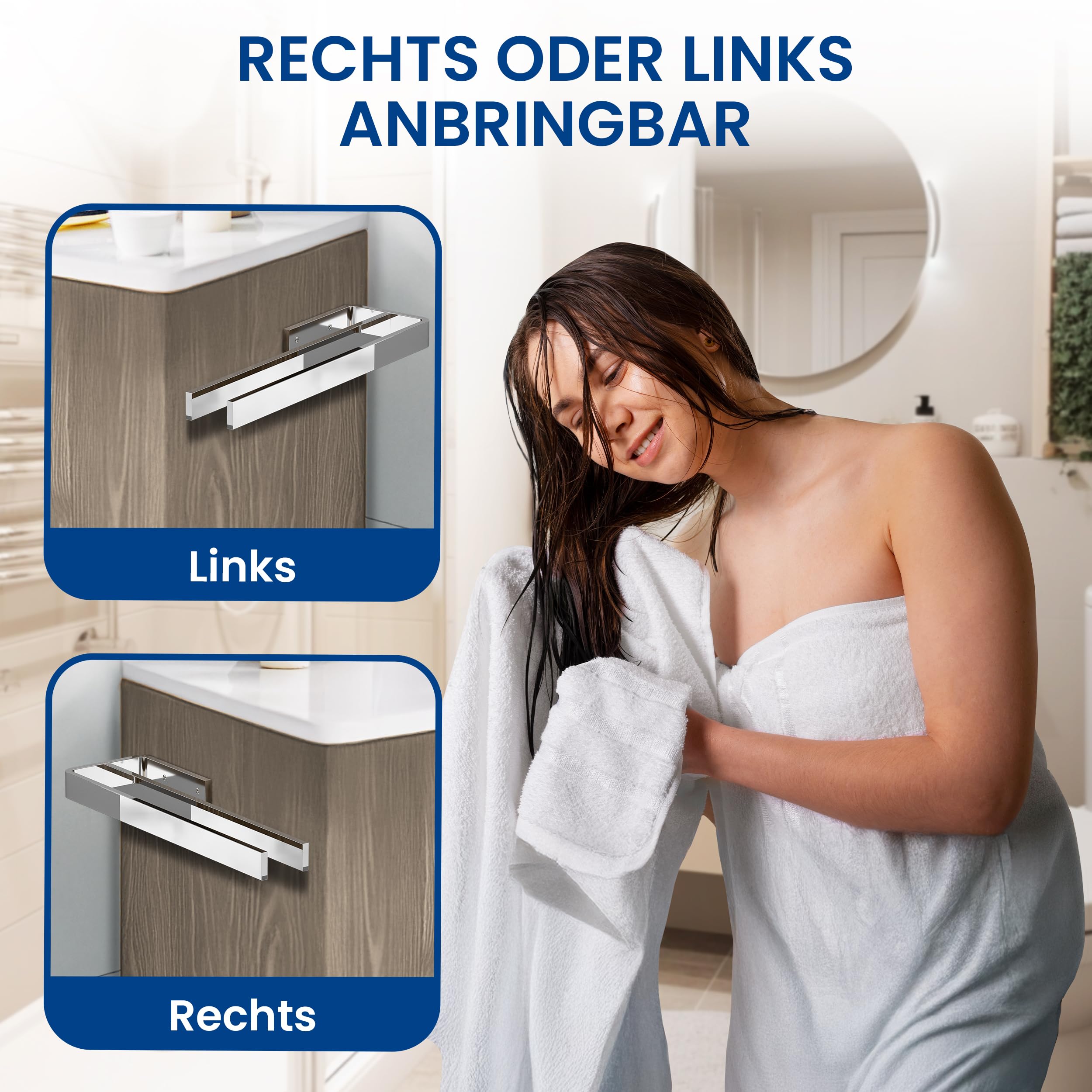 rtmr Handtuchhalter Schrankmontage, zum Bohren, 2-armig, Chrom, Premium Gästehandtuchhalter aus Aluminium, 38 cm, Handtuchstange, platzsparend, Ideal für Bad & Gäste-WC