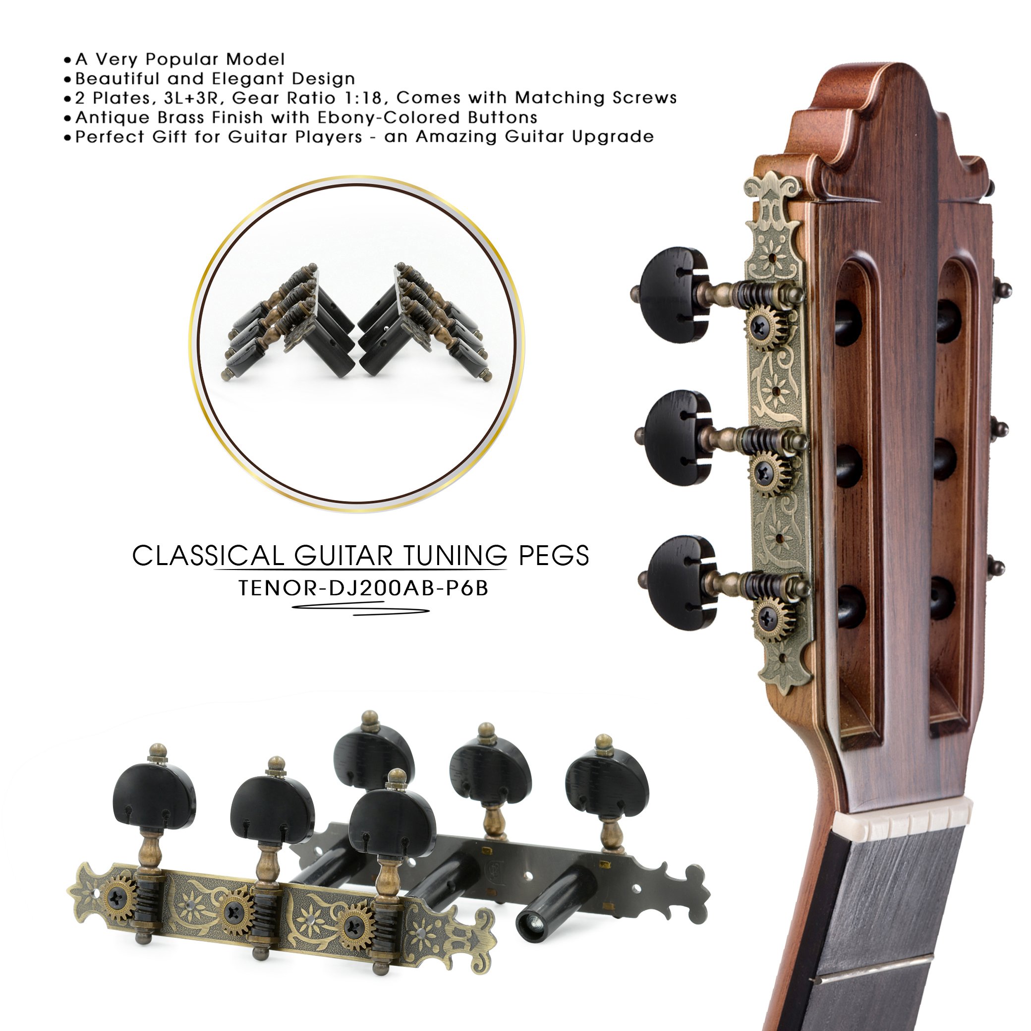 DJ200AB-P6B Tenor Accordatori per chitarra classica professionale accordatura pioli/meccaniche per chitarra classica o flamenco in ottone anticato.