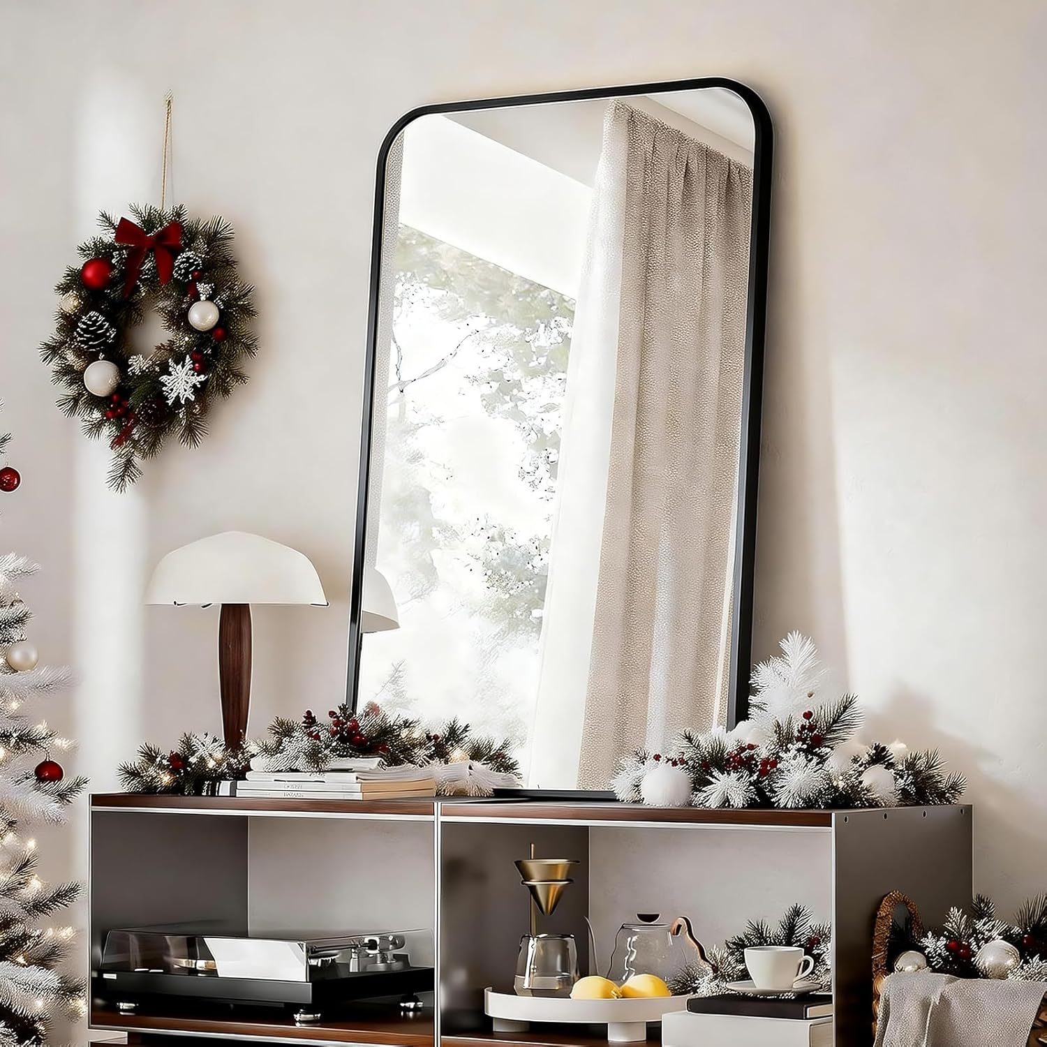 BEAUTYPEAK 24" x 36" Rectangular Aluminum Alloy Frame Wall Mounted Bathroom Mirror with Rounded Corners, Black