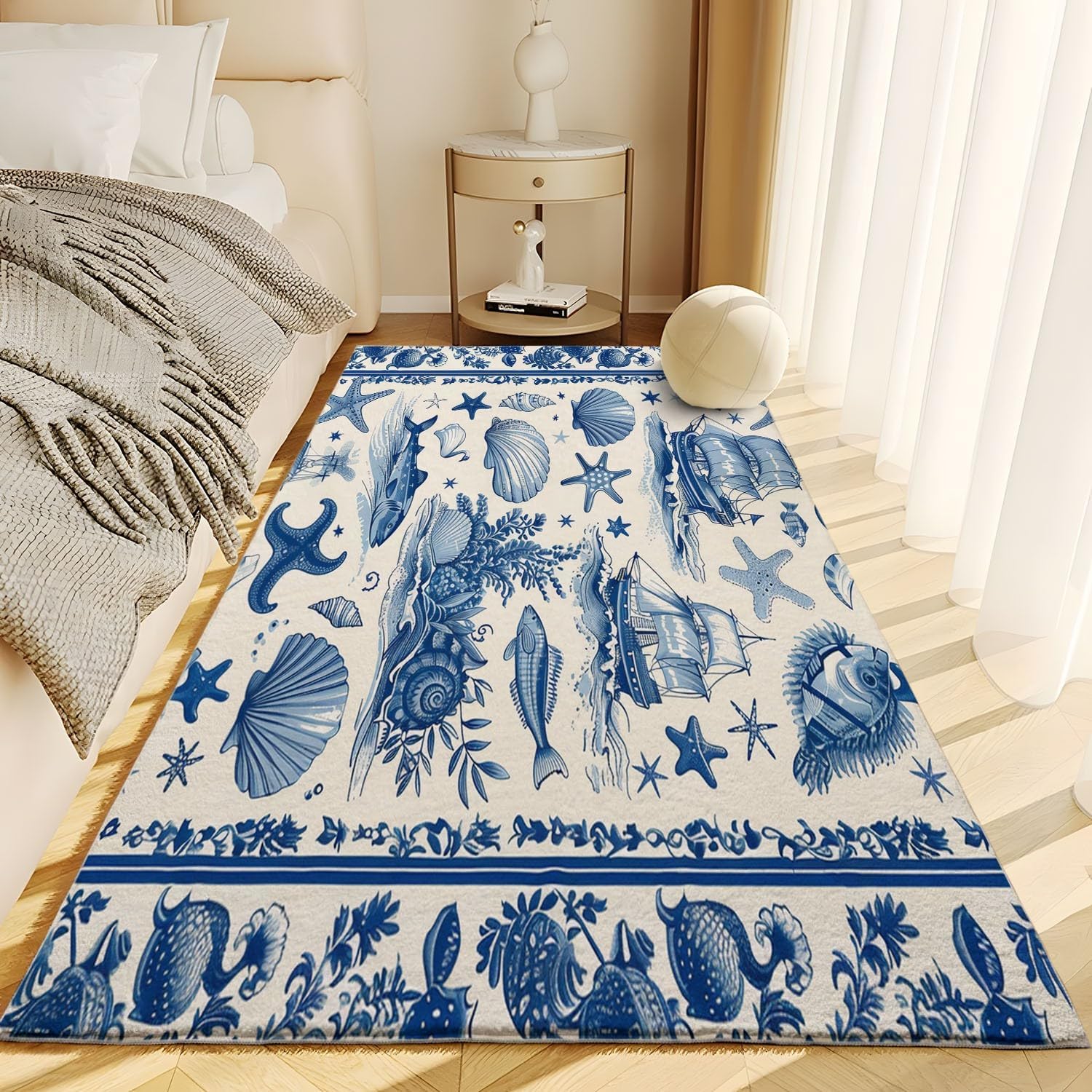 Ocean Blue Sailboat Starfish Shell Fish Pattern Living Room Rugs 6 x 9 ft, Washable Area Rug Non Slip Soft Dorm Rug Mat, Indoor Accent Floor Carpet for Office Coffee Table Dining