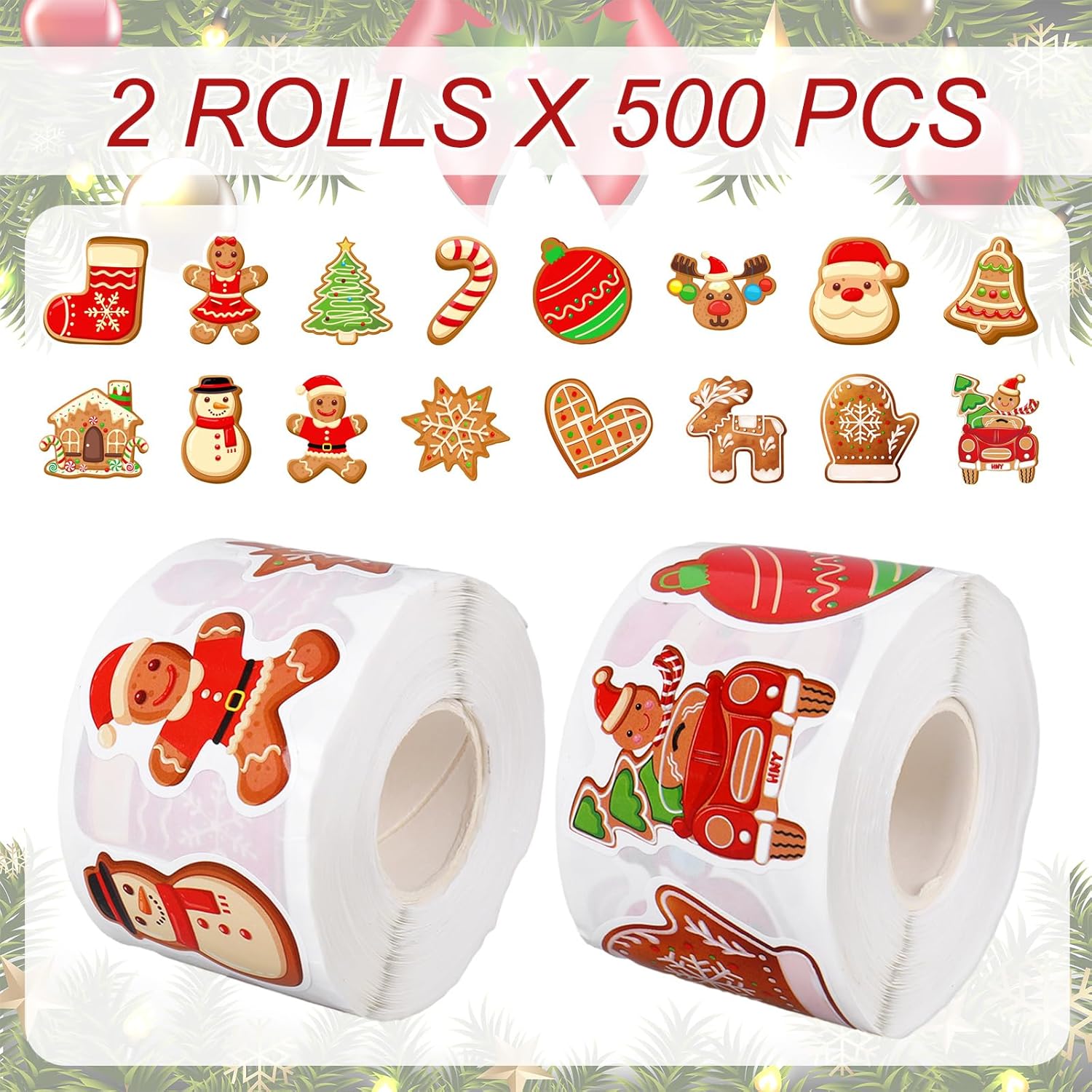 1000 Pcs Christmas Gingerbread Man Sticker Santa Xmas Tree Paper Decal Roll 1.5 Inch Snowman Self Adhesive Seal Stickers for Xmas Winter Holiday Envelopes Scrapbook Gifts, 2 Rolls - Image 2