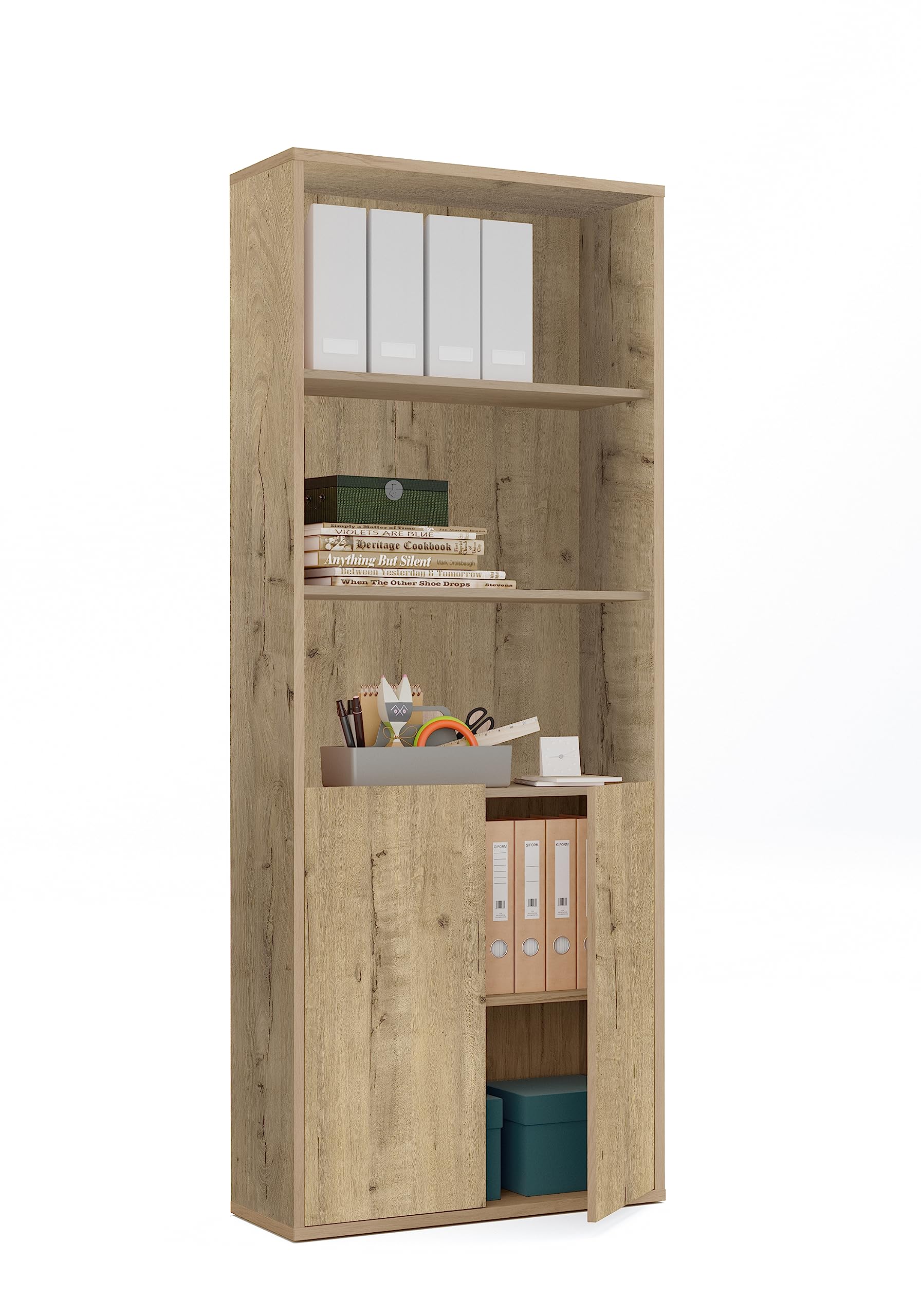 Muebles Pitarch | Librería de Oficina o Despacho,2 Puertas y 4 Estantes, Librería de Salón, Roble Gold, 196,5x75,5x33cm ,Básica, Elegante y Resistente