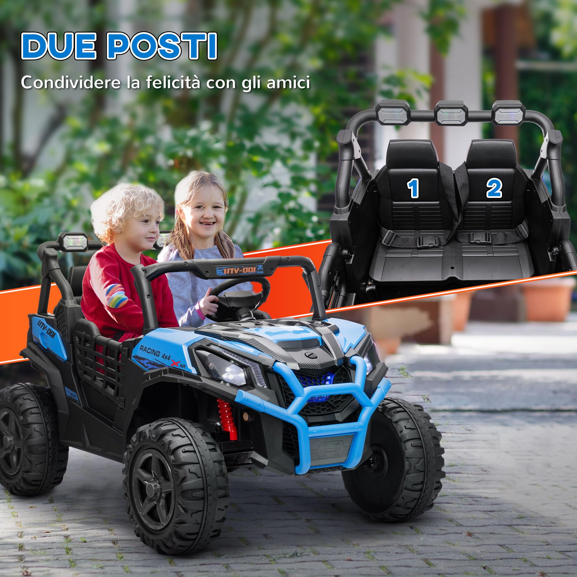 AIYAPLAY Macchina Elettrica per Bambini 3-8 Anni 24V Fuoristrada 2 Posti, 3-8km/h Auto Elettrica per Bambini con 2 Motori, Sospensioni, Telecomando, Musica, Fari, Cintura e Clacson, Blu