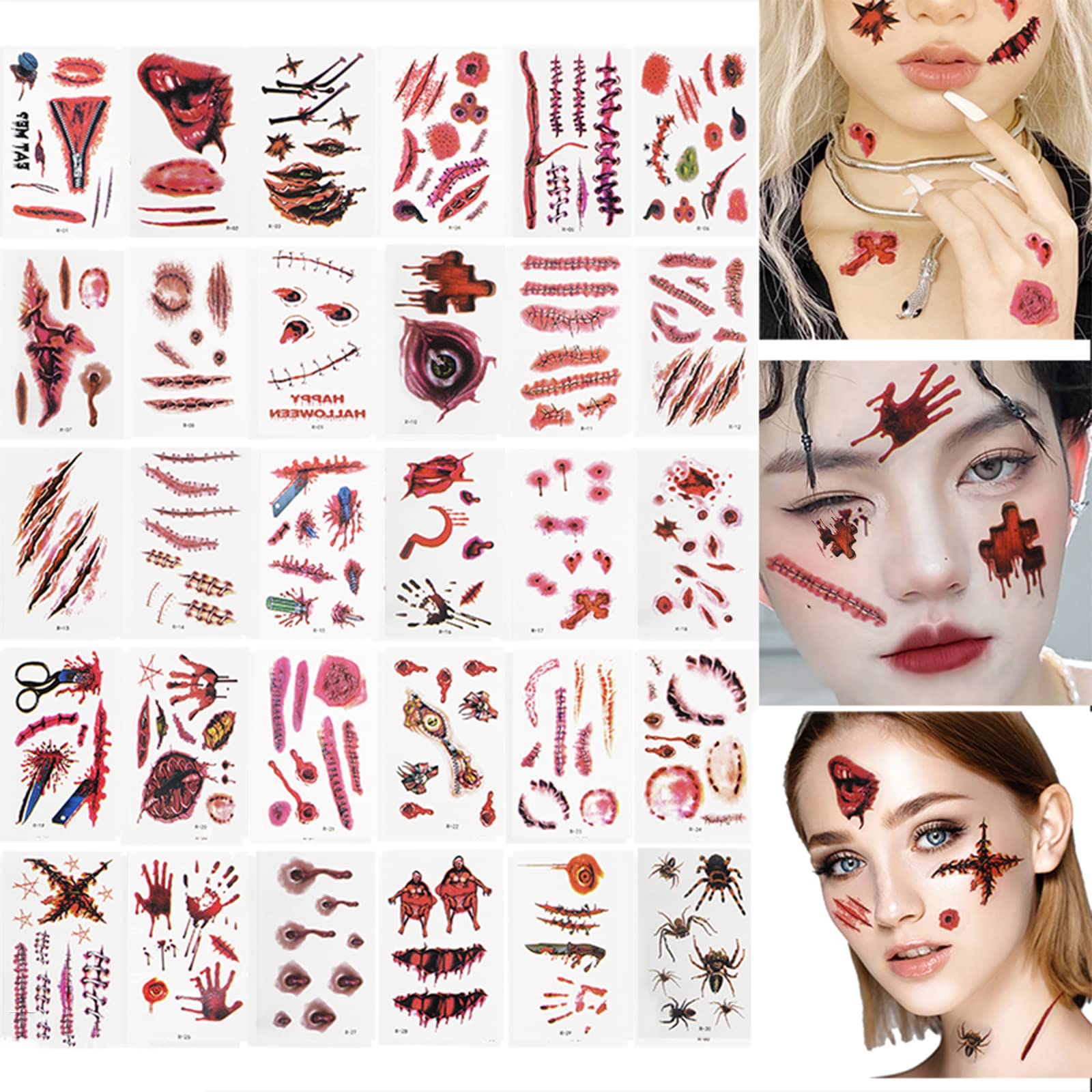 Halloween Scars Temporary Tattoos Stickers Realistic Fake Wound Body Face Decals for Halloween Cosplay Costumes Zombie Party Makeup Kit Supplies (30 Sheets)