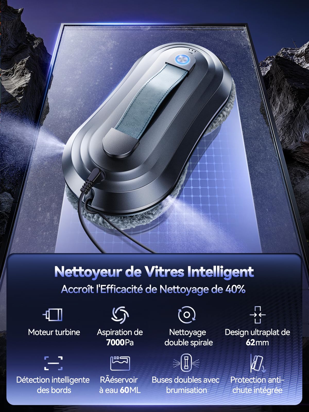 Robot Laveur de Vitre, Fonction Vaporisation, Aspiration Turbo 7000Pa, Silencieux, 3 Modes, Navigation Intelligente, Détection Bords, 10 Lingettes