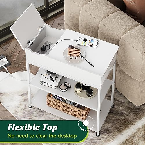 Miniatura 34 de WLIVE Mesa auxiliar estrecha con 2 puertos USB y 2 tomacorrientes, mesa auxiliar abatible con cajón y estantes de almacenamiento, soporte auxiliar
