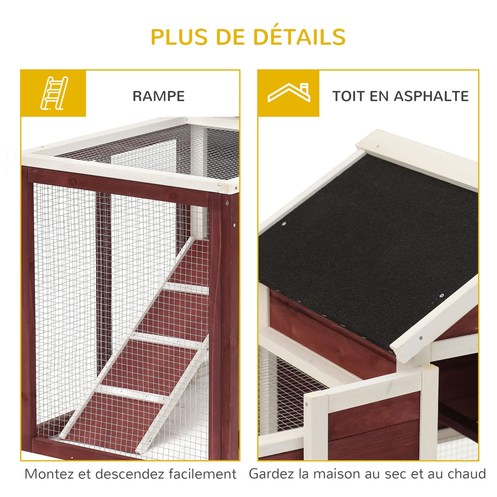 PawHut Clapier Cage à Lapins Multi-équipé 123,5L x 62,6l x 92,5H cm Rouge Brique