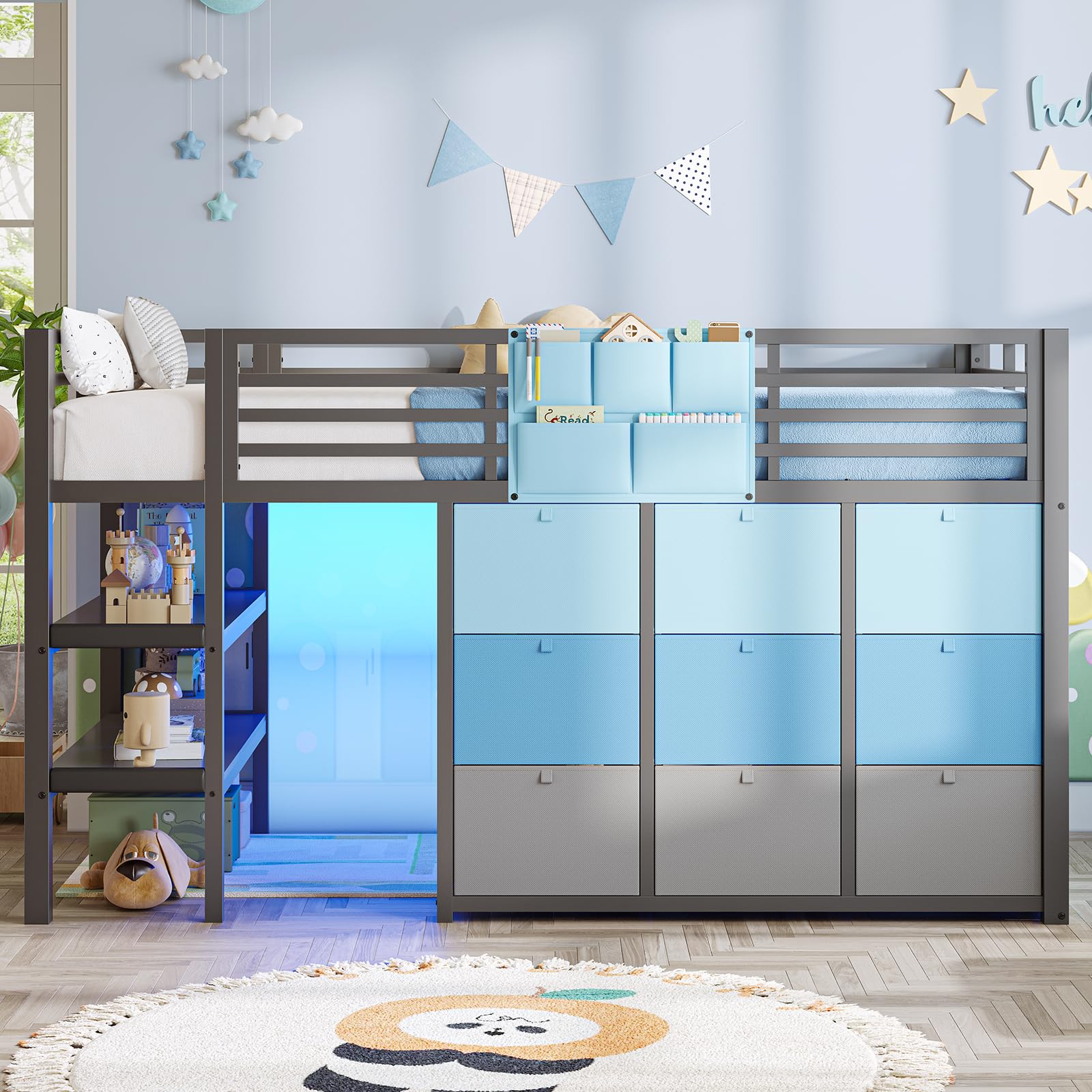 AOGLLATI Hochbett 90x200 mit LED, 9 Schubladen, Treppe als Ablagen nutzbar | Kinderbett mit Rausfallschutz 32 cm, Spielvorhang, Spielbereich unter dem Bett für Kinder, Grau+Blau, ohne Matratze