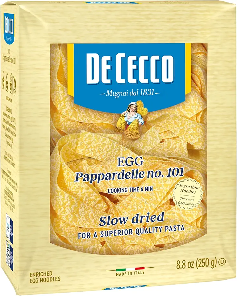 De Cecco Egg Pappardelle No. 101 Pasta, 8.8 Oz, Authentic, Slow Dried, Made with Cage Free Eggs &amp; Durum Wheat, Versatile Pasta for Sauces &amp; Recipes, Made in Italy