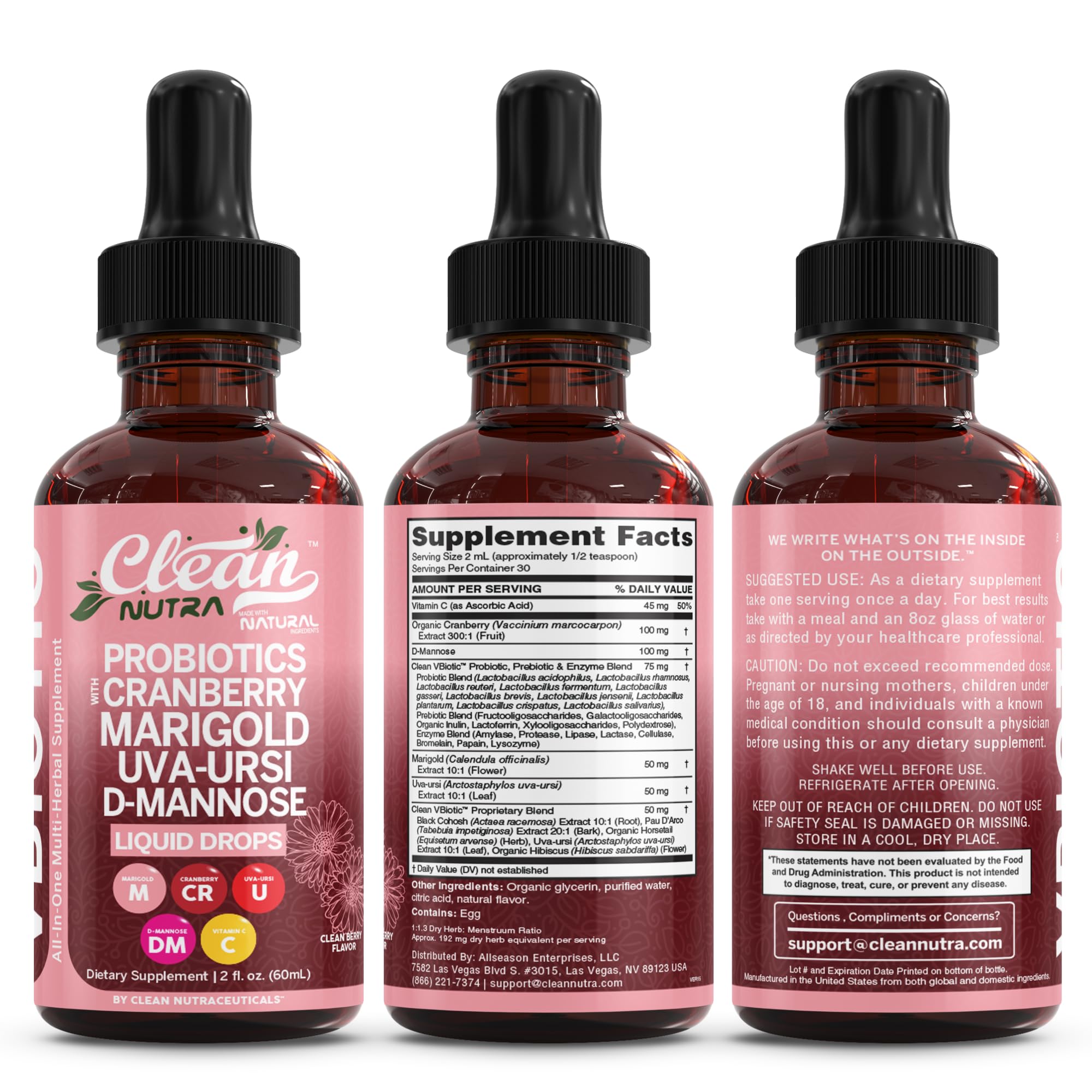 Clean Nutraceuticals VBiotic Vaginal Probiotic for Women Liquid Drops | Cranberry Uva Ursi Horsetail D-Mannose Prebiotics Marigold & Black Cohosh Vaginal Health Supplement | pH Balance — Amazon image 9
