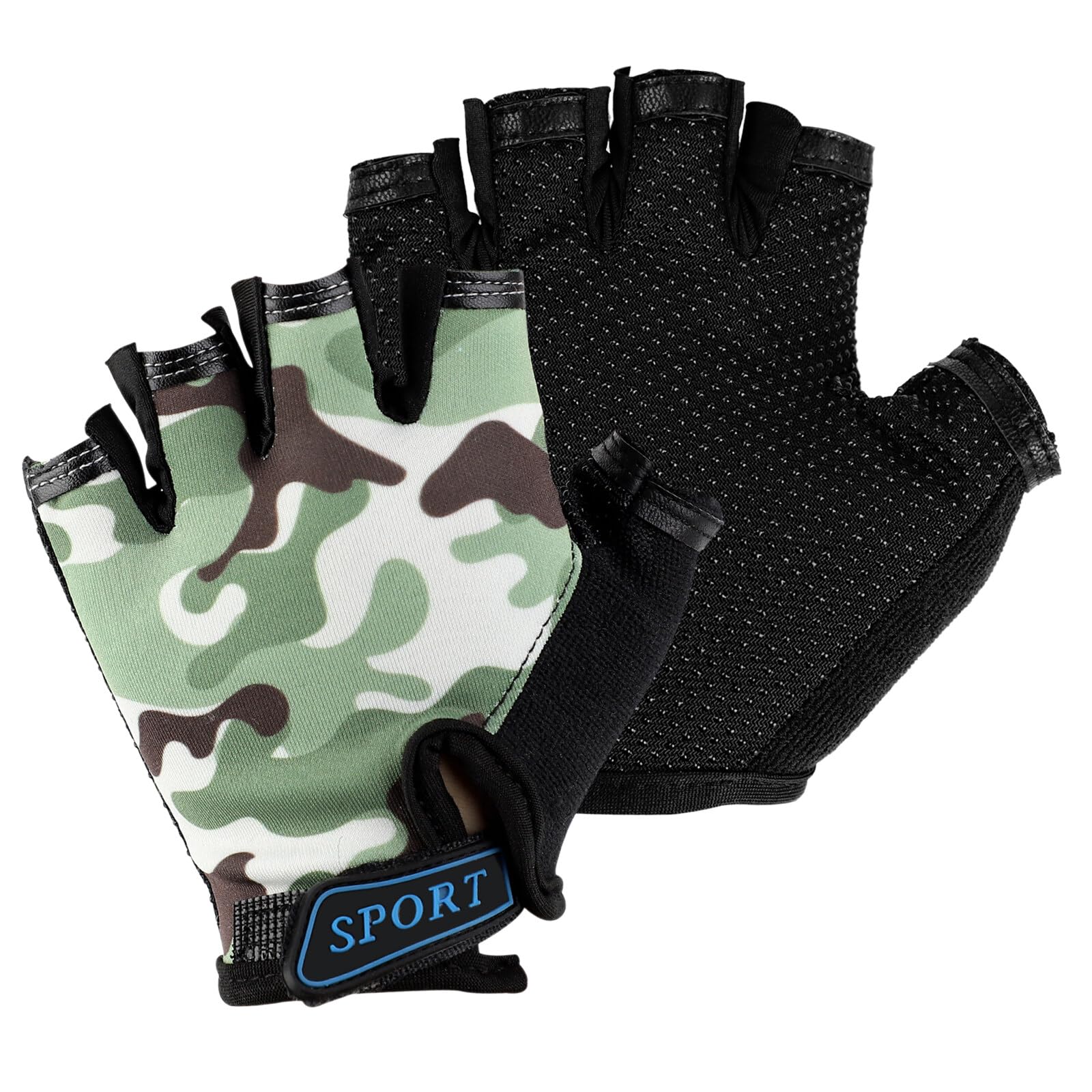 Mecmbj Kind Halb Finger Fahrradhandschuhe, Kinder Sport Handschuhe, rutschfeste Kindersporthandschuhe, zum Radfahren, Bootfahren, Yoga, Skaten, Klettern - Armee grünes (Anwendbare Alter: 6-12 Jahre)