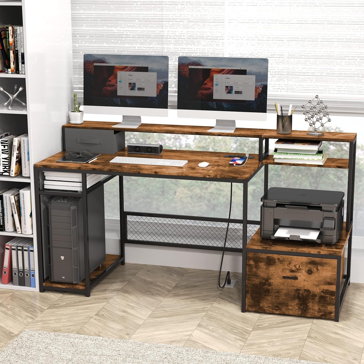 Collage showing the removable drawer filled with files, a computer tower on a lower shelf, and a printer on a dedicated shelf.