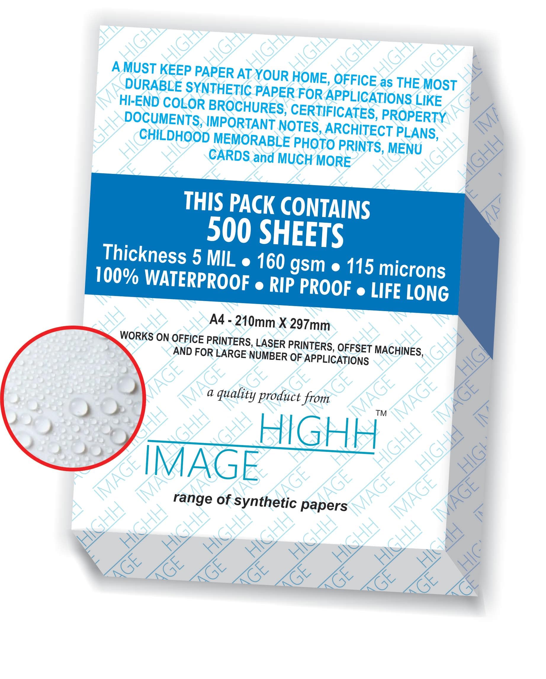 CARTA IMPERMEABILE A4 160 GSM 5 MIL CONFEZIONE 500 FOGLI CARTA SINTETICA HIGHH IMAGE