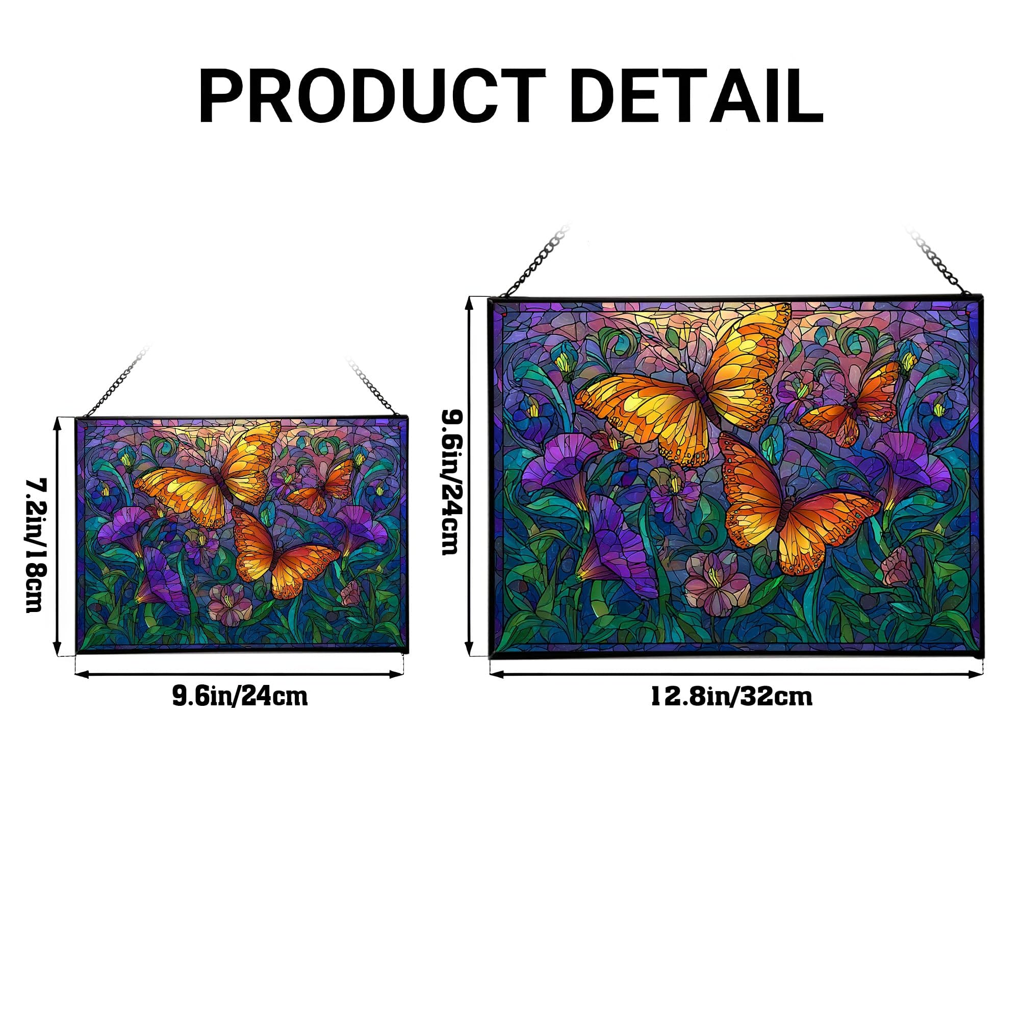 Butterflies swirling – Tropical sunrise Animal Stained Glass Suncatcher – Rectangular Hanging Window Panel with Artistic Nature Background – Wildlife Glass Art Gift for Animal and Nature Lovers ADciTi