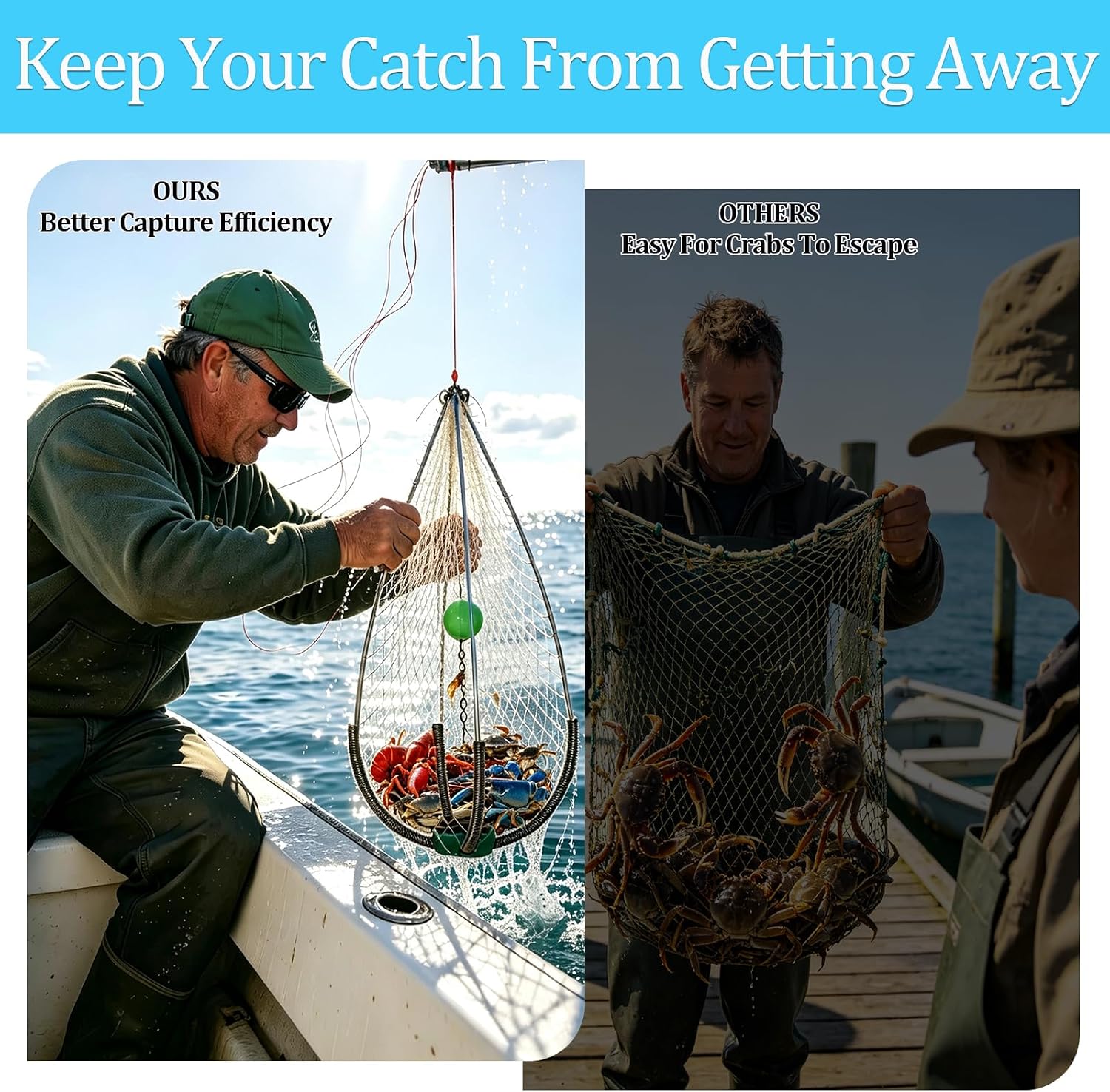 Castable Crab Trap Kit Foldable Crabbing Net with Bait Clip and Red Gauge Crab Snare Pots for Blue Crabs Dungeness Crawfish Lobster Pier Jetty Surf Fishing Gear